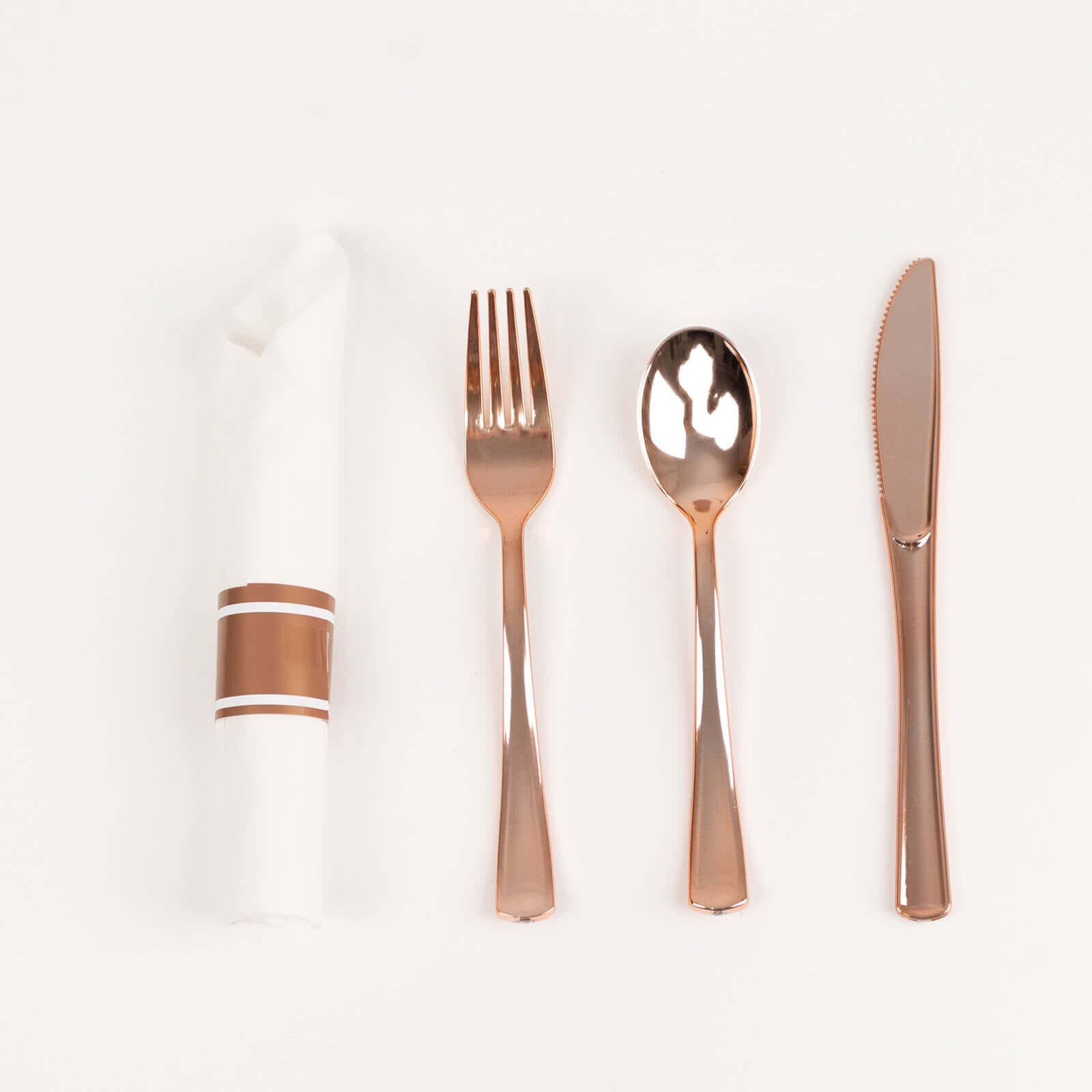 Set of 24 Rose Gold Plastic Silverware with Pre-Rolled White Paper Napkins - Disposable Wrapped Fork, Spoon, and Knife Set