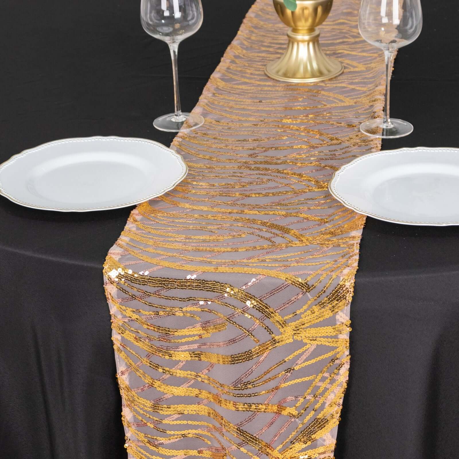 Sequin Mesh 12x108 Table Runner Rose Gold Stylish Wave Embroidery