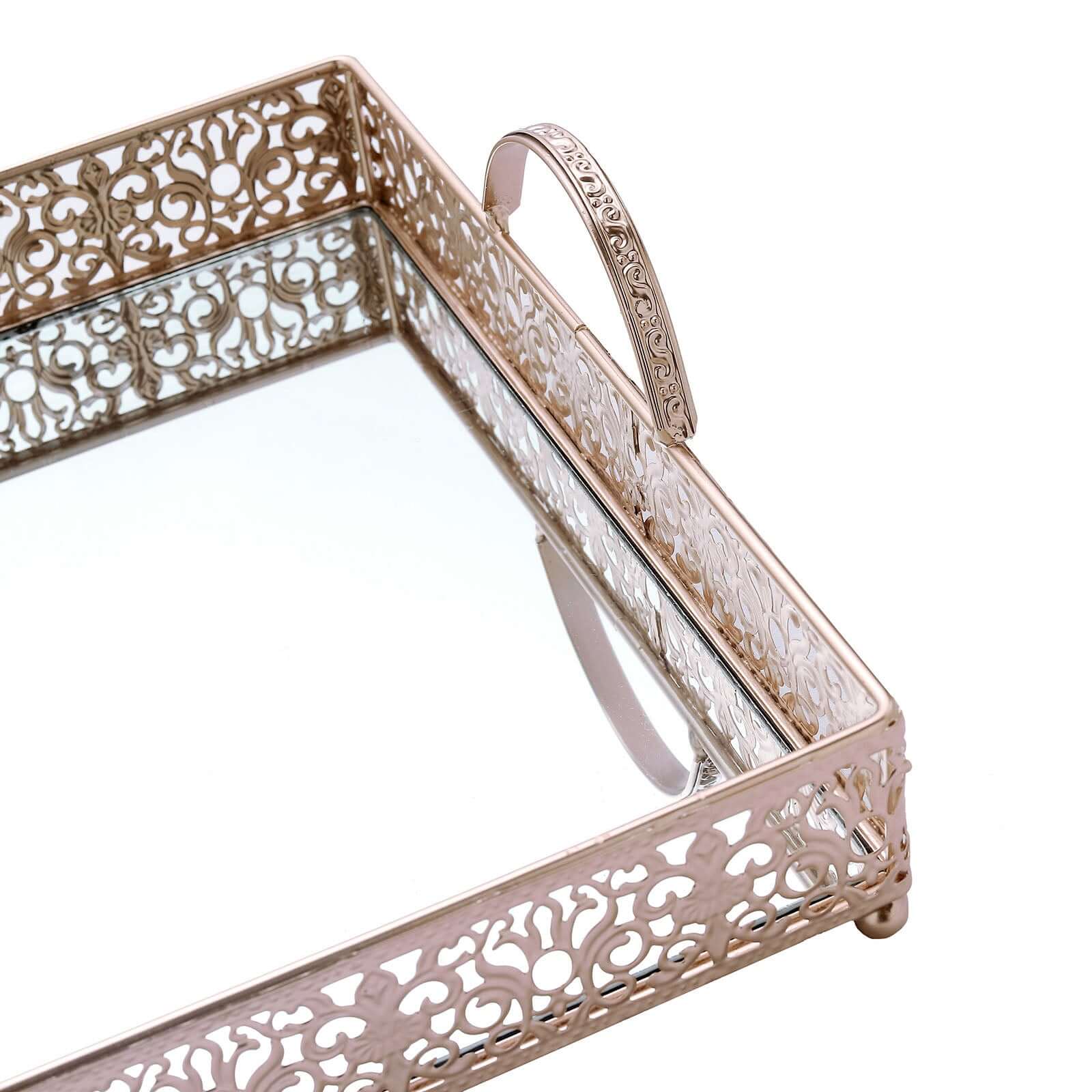 Metal Mirrored Rectangle Serving Tray 16x12 in Rose Gold Fleur De Lis Design with Handles, French Inspired Decorative Vanity Tray Centerpiece