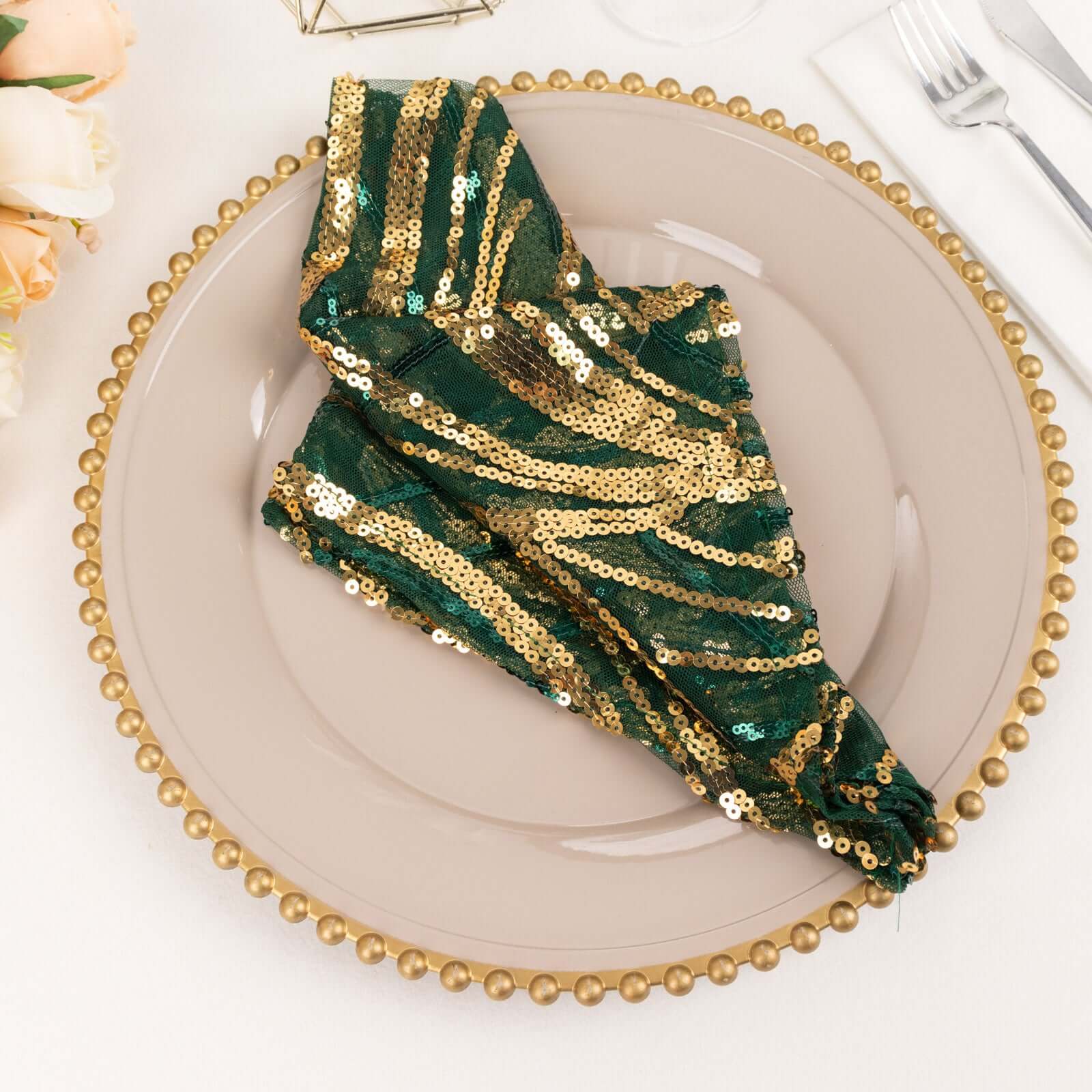 Sequin Mesh 20x20 Napkin Hunter Emerald Green Gold - Wave Embroidered Reusable Napkin