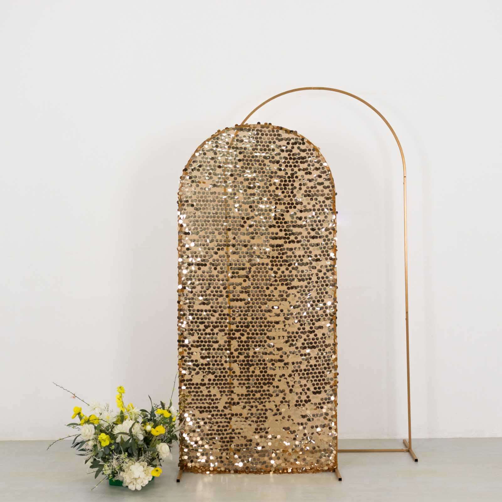 6ft Sparkly Gold Big Payette Sequin Fitted Wedding Arch Cover for Round Top Chiara Backdrop Stand