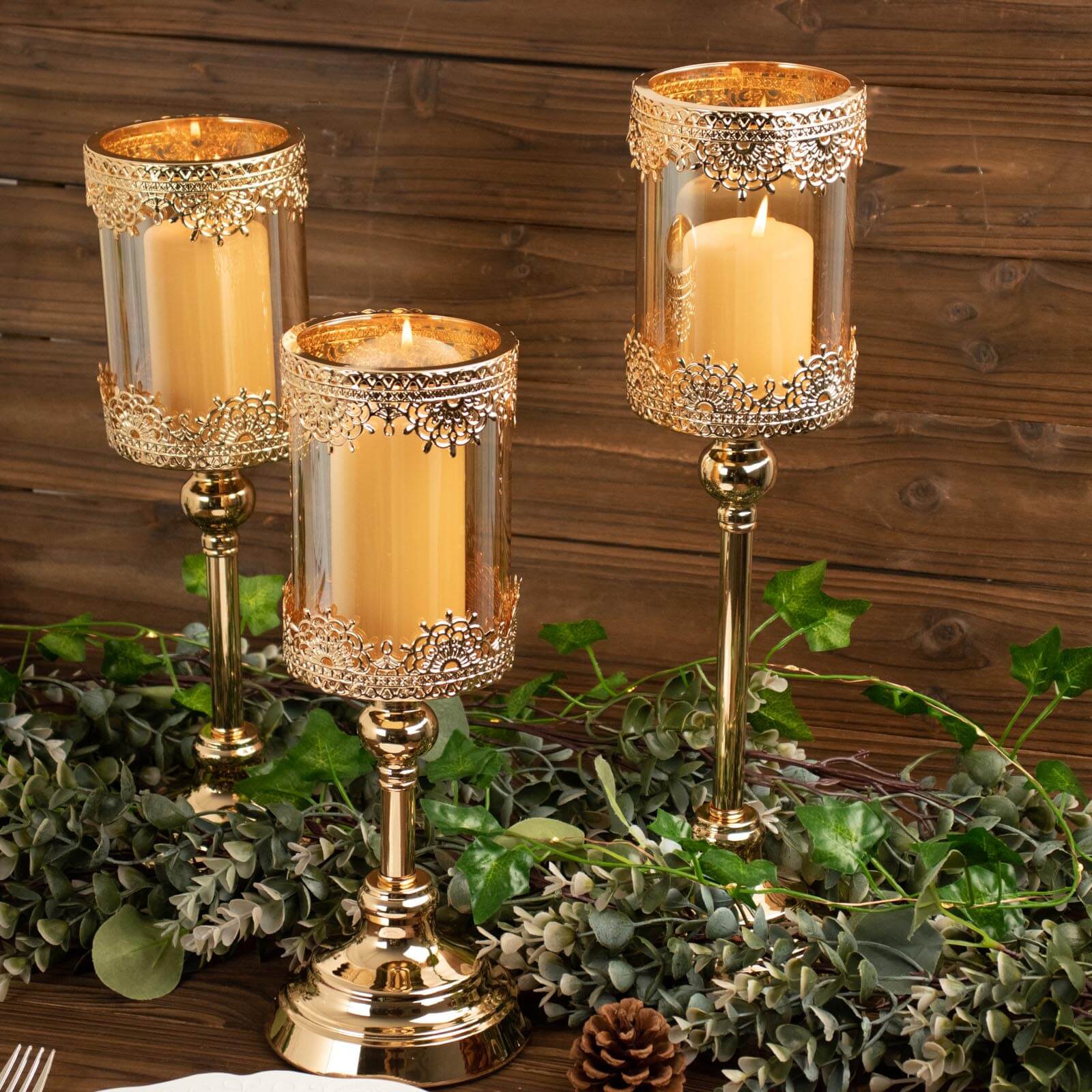 Set of 3 Lace Votive Candle Stands Antique Gold with Hurricane Glass Shades - Refined Pillar Candle Holders 13, 15, 17