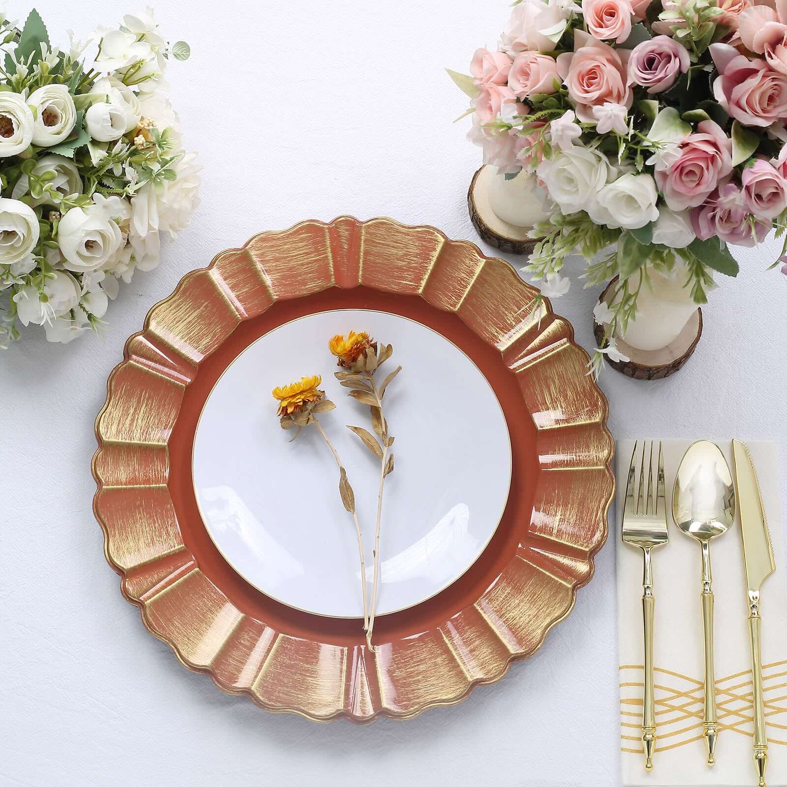 6-Pack Acrylic Plastic Round Charger Plates 13 in Terracotta (Rust) with Gold Brushed Wavy Scalloped Rim, Decorative Dinner Party Charger Tableware