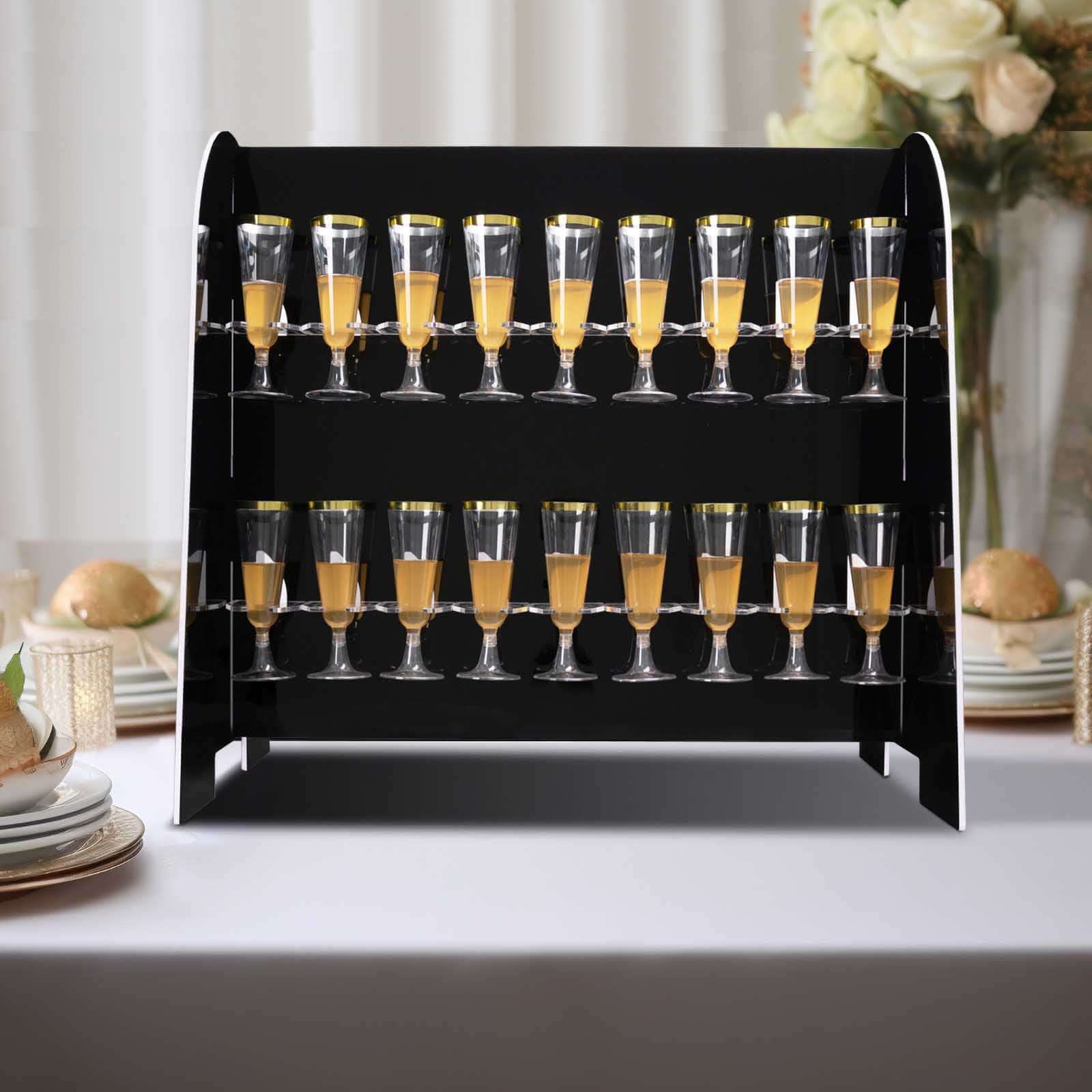 2-Tier Champagne Glass Holder Display Stand Table Top in Glossy Black - Modern Stemware Rack Cocktail Drink Holder with 18 Hooks for Events & DIY Bars 25