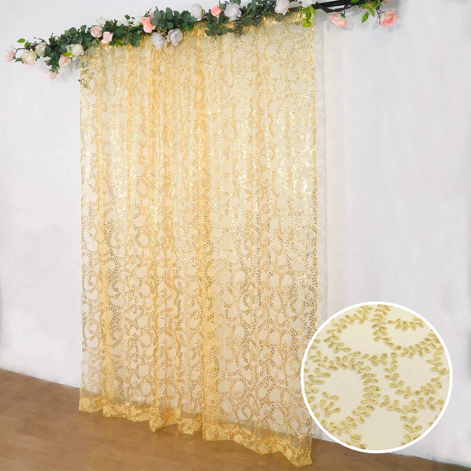 8ftx8ft Gold Embroider Sequin Event Curtain Drapes, Sparkly Sheer Backdrop Event Panel With Embroidery Leaf