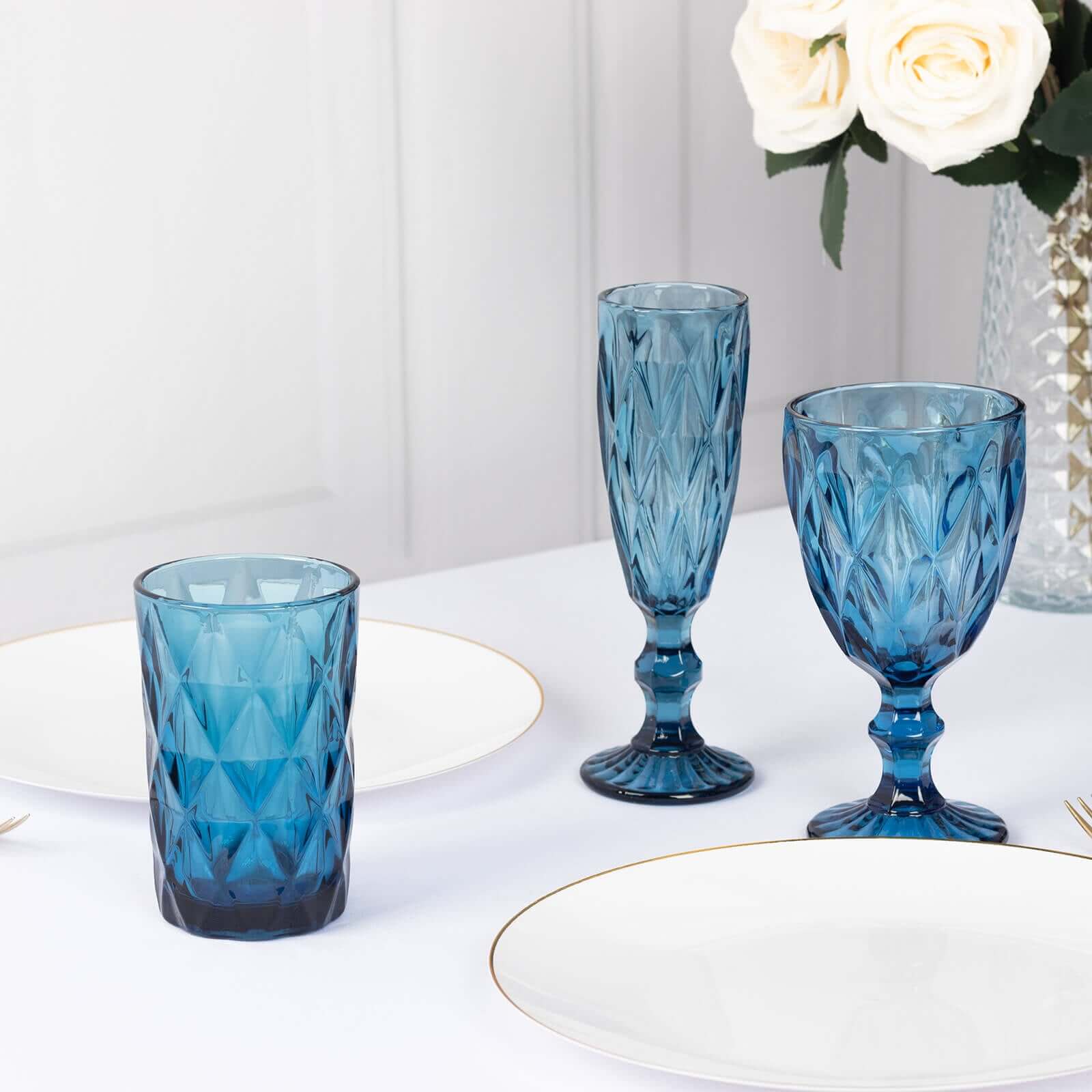 6-Pack Whiskey Glasses Ocean Blue Textured Crystal Cut Design with Heavy Base - Highball Tumblers for Parties & Events 12oz 5