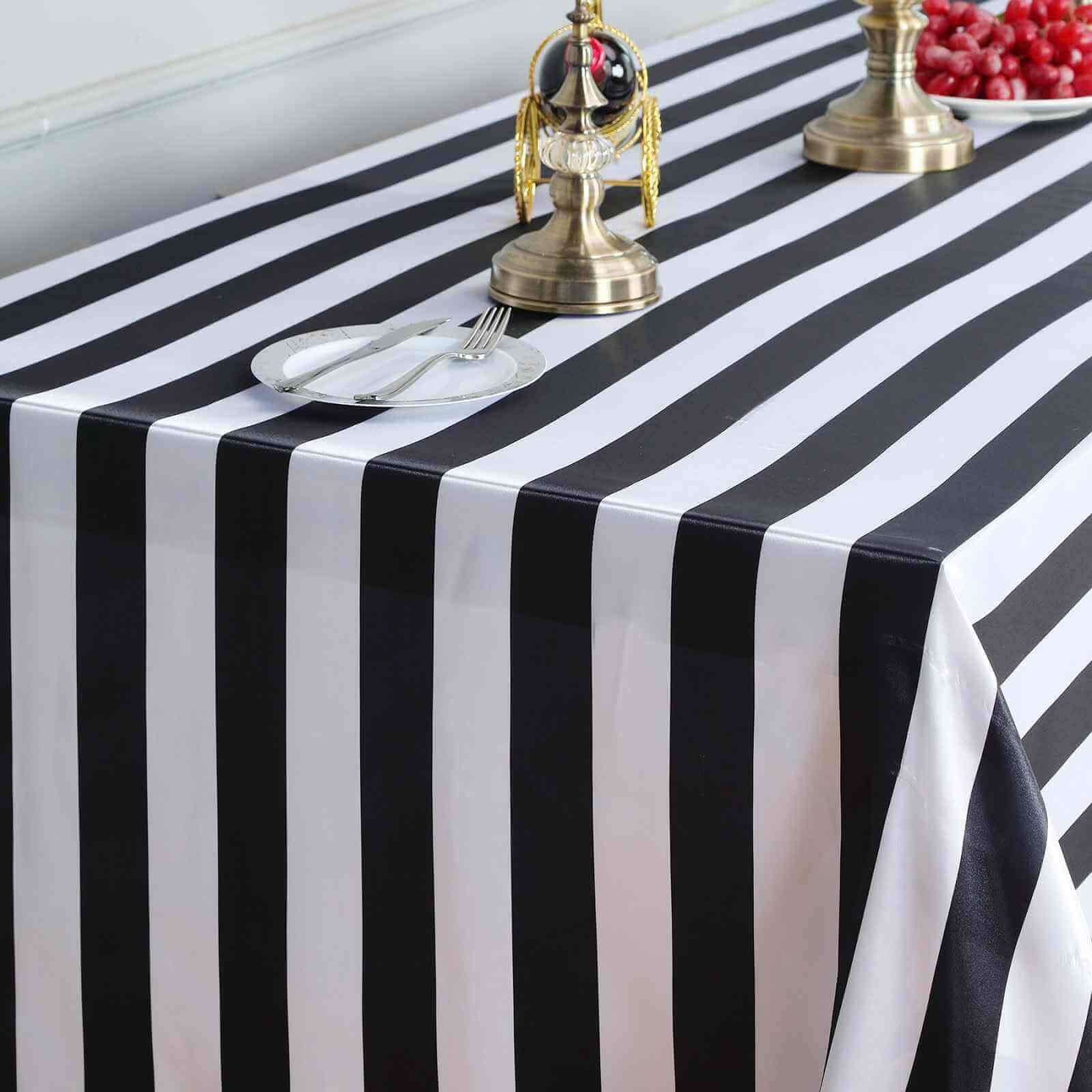 Satin 90x156 Rectangle Tablecloth Black/White - Stripe Design with Seamless Finish Table Cover