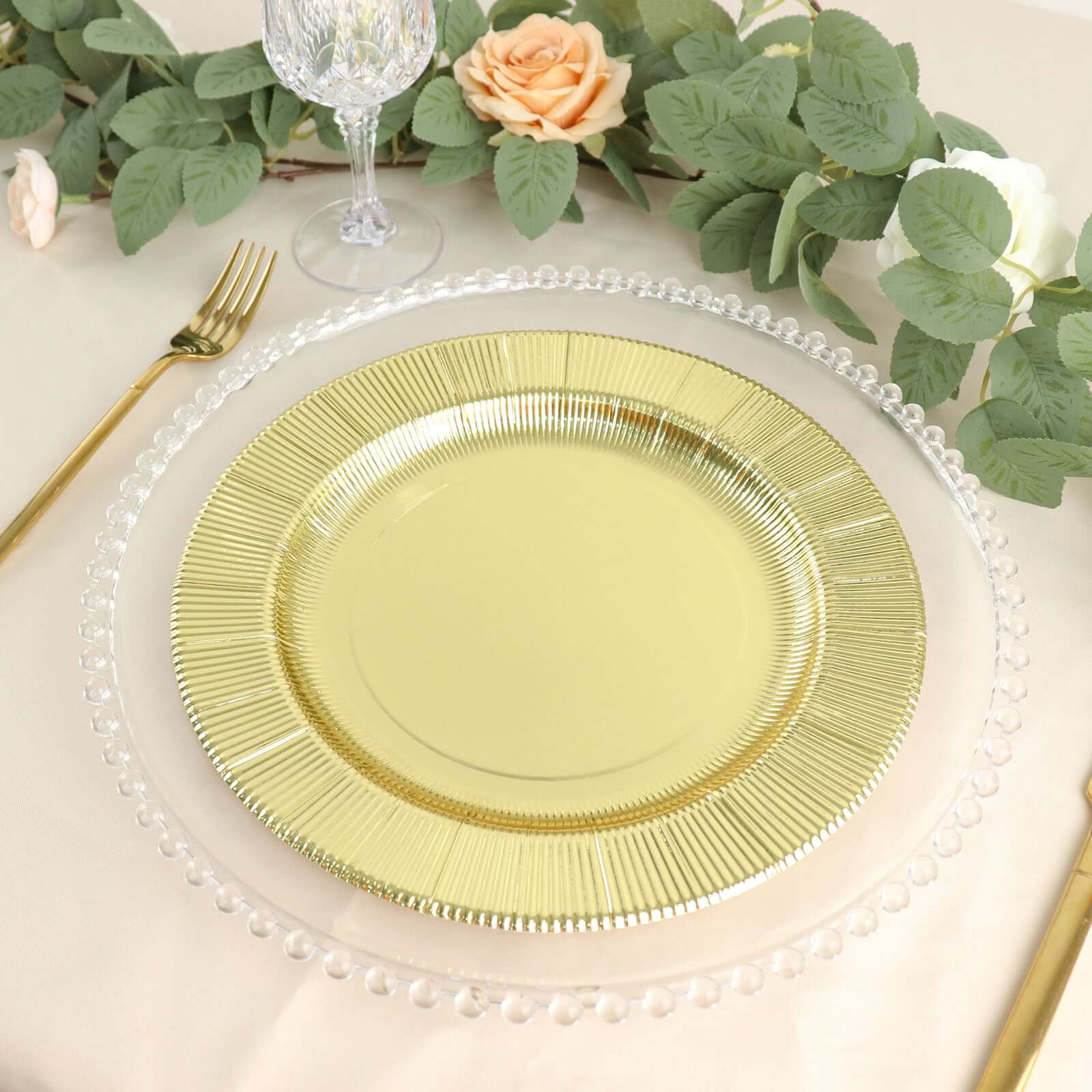 25-Pack Paper 10 Round Dinner Plates in Metallic Gold Sunray Design - Disposable Heavy Duty 350GSM Party Plates