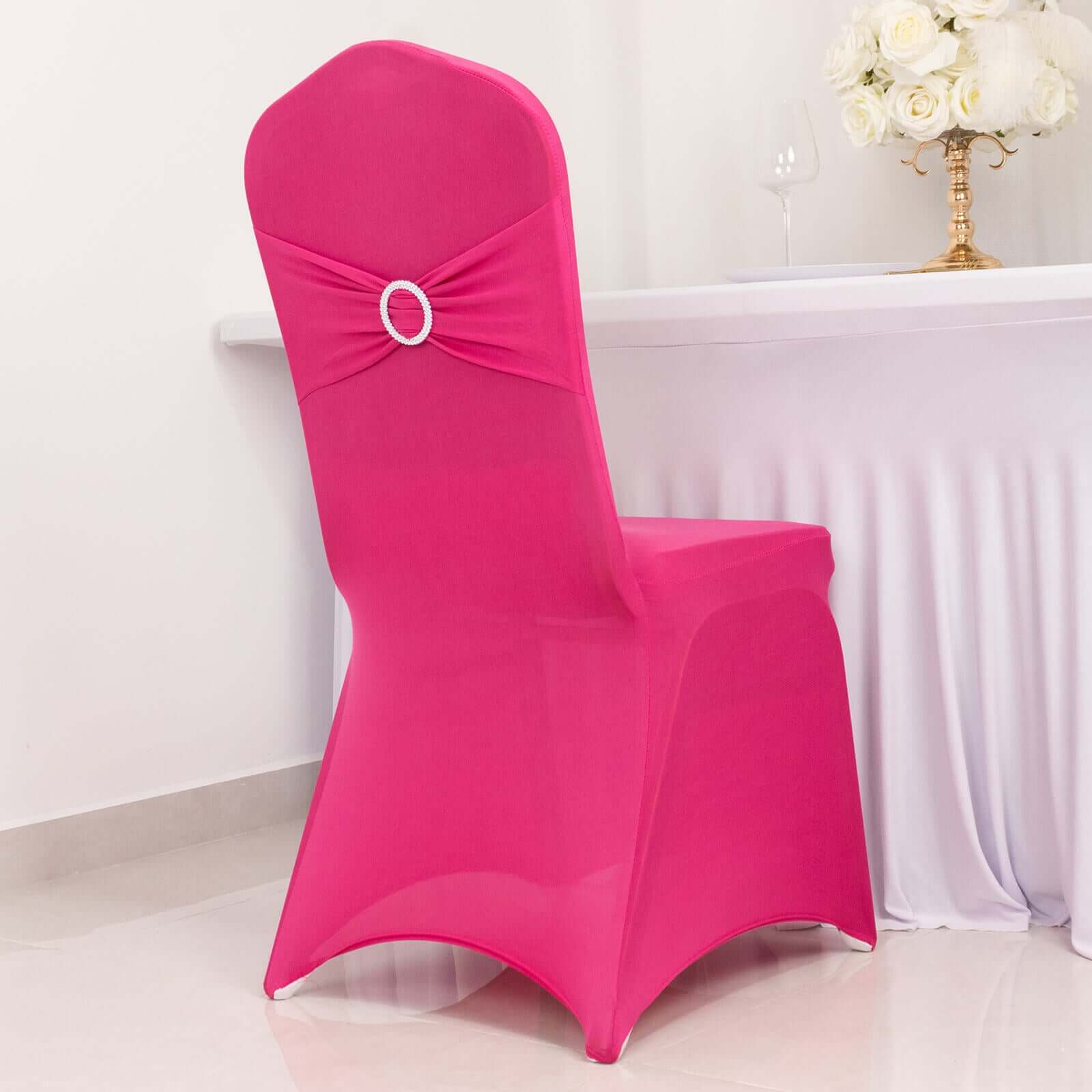 Spandex Chair Cover with Fuchsia Rhinestone Buckled Sash Band Blush - Stretch Fitted Slipcover