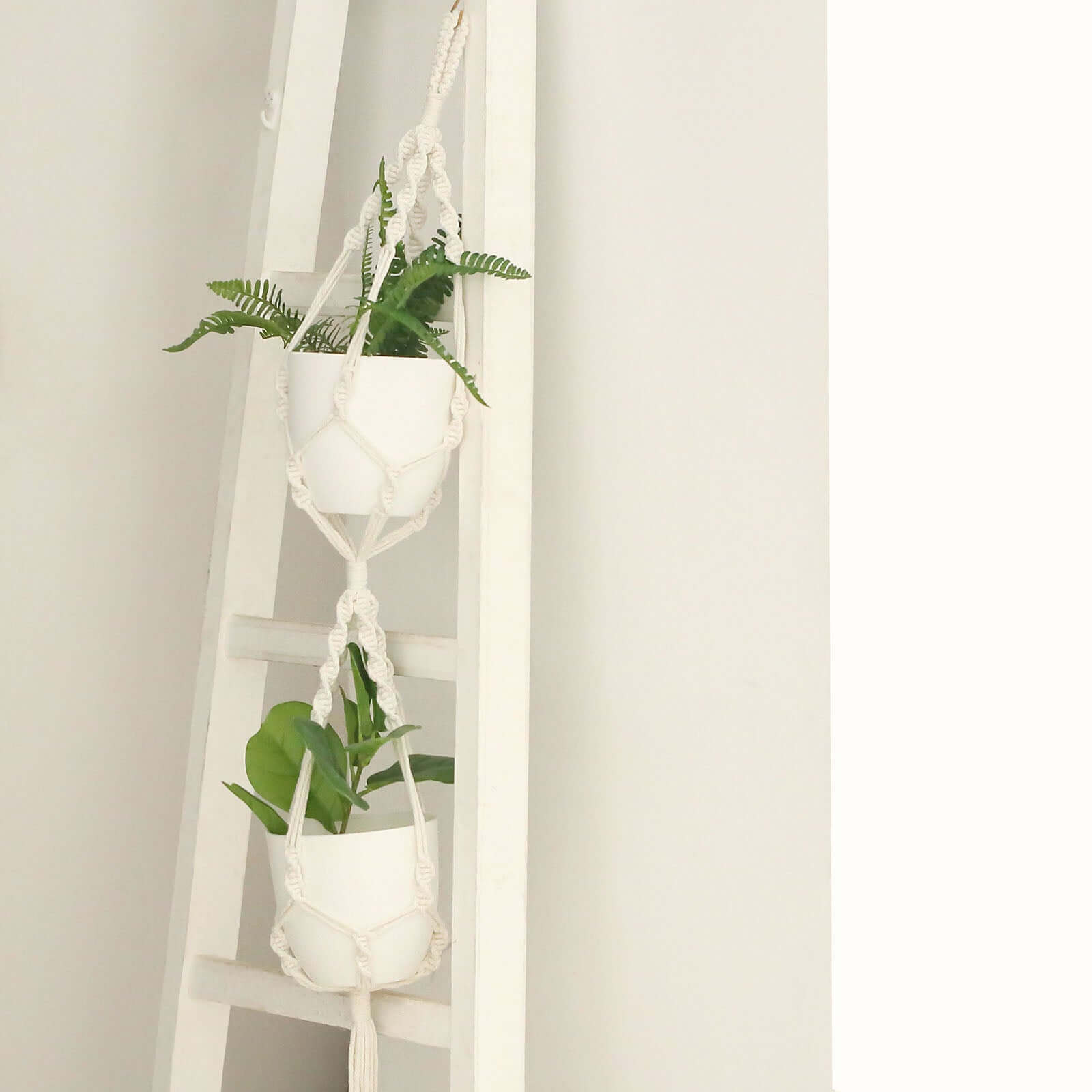 2-Tier Hanging Planter Basket with Tassels Ivory Double Boho Design - Cotton Rope Indoor Decorative Holders