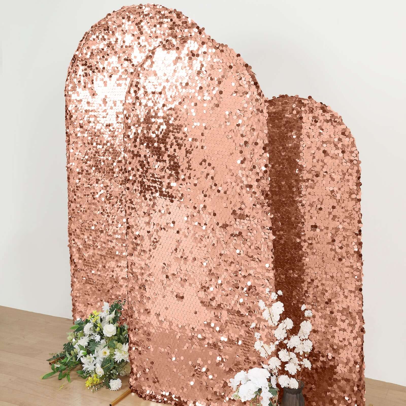 6ft Sparkly Rose Gold Double Sided Big Payette Sequin Chiara Backdrop Stand Cover For Fitted Round Top Wedding Arch