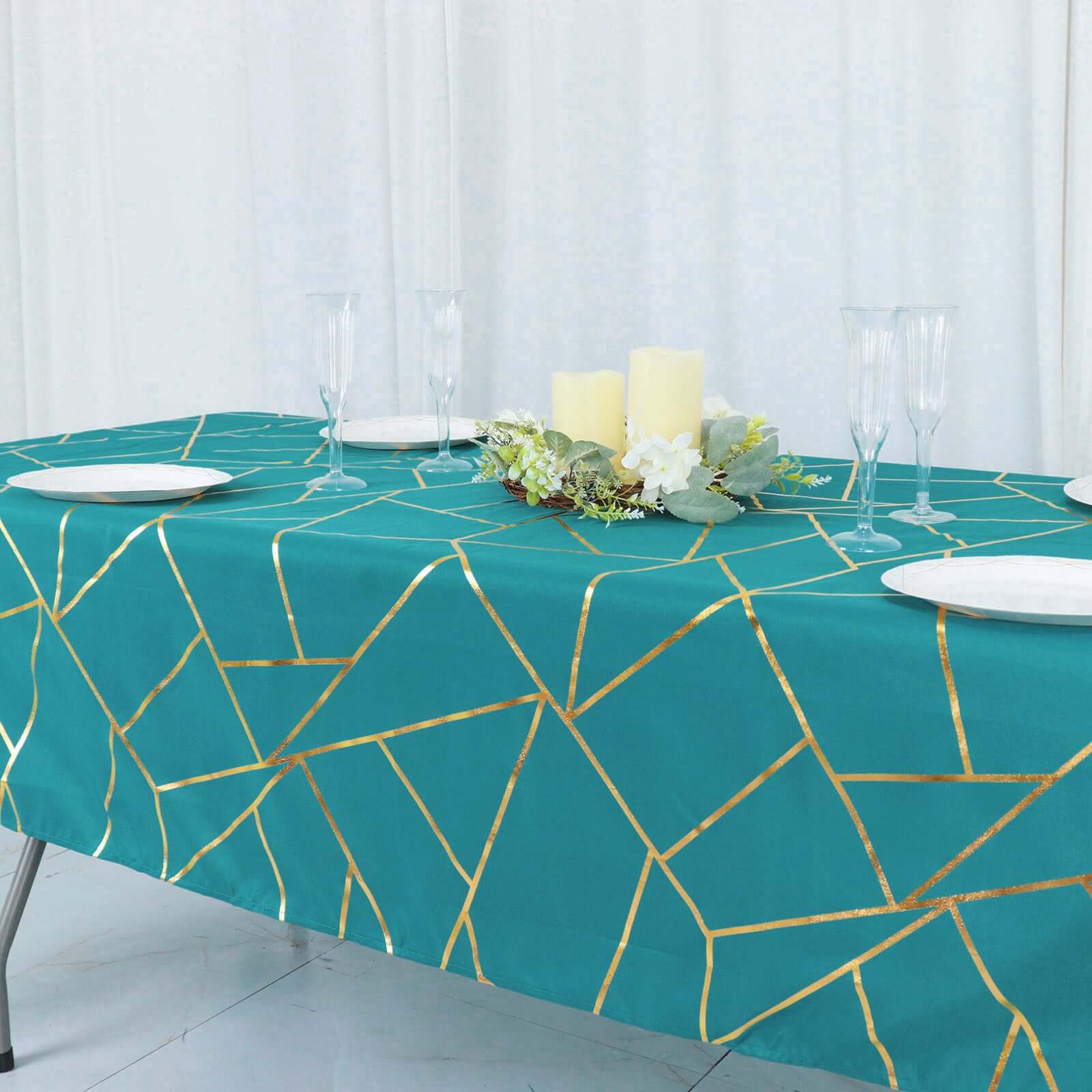 Polyester 60x102 Rectangle Tablecloth Teal with Gold Foil Geometric Pattern - Wrinkle-Resistant & Durable Table Cover