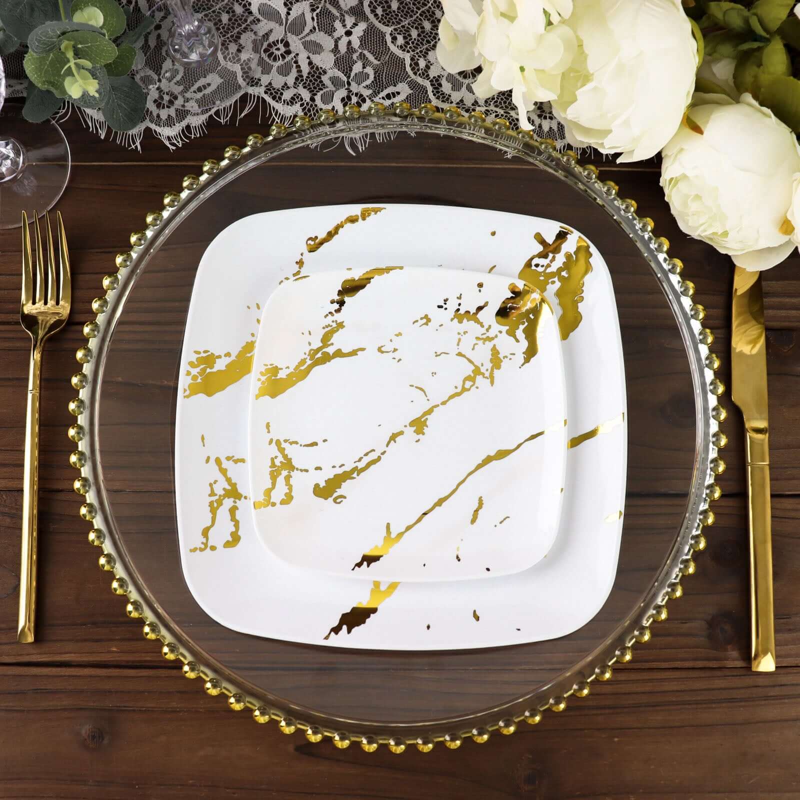 10-Pack Plastic 8 Square Dessert Plates in White with Gold Marble Design - Disposable Appetizer Salad Party Plates for Weddings, Banquets & Special Events