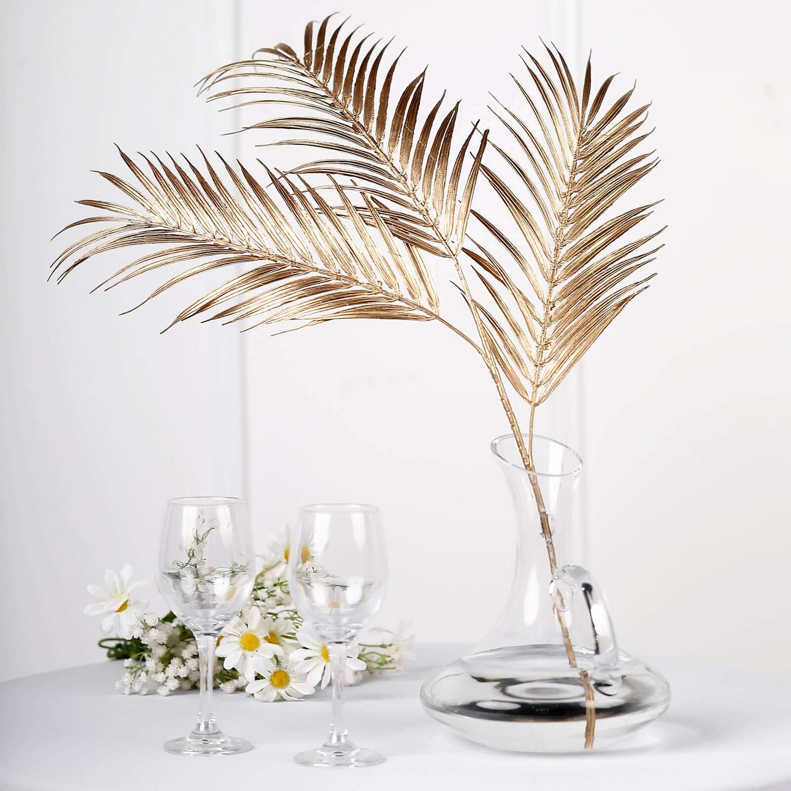 2 Stems Artificial Palm Leaf Branch Metallic Gold - Tropical Faux Stems Vase Filler Floral Backdrop Table Decor 32