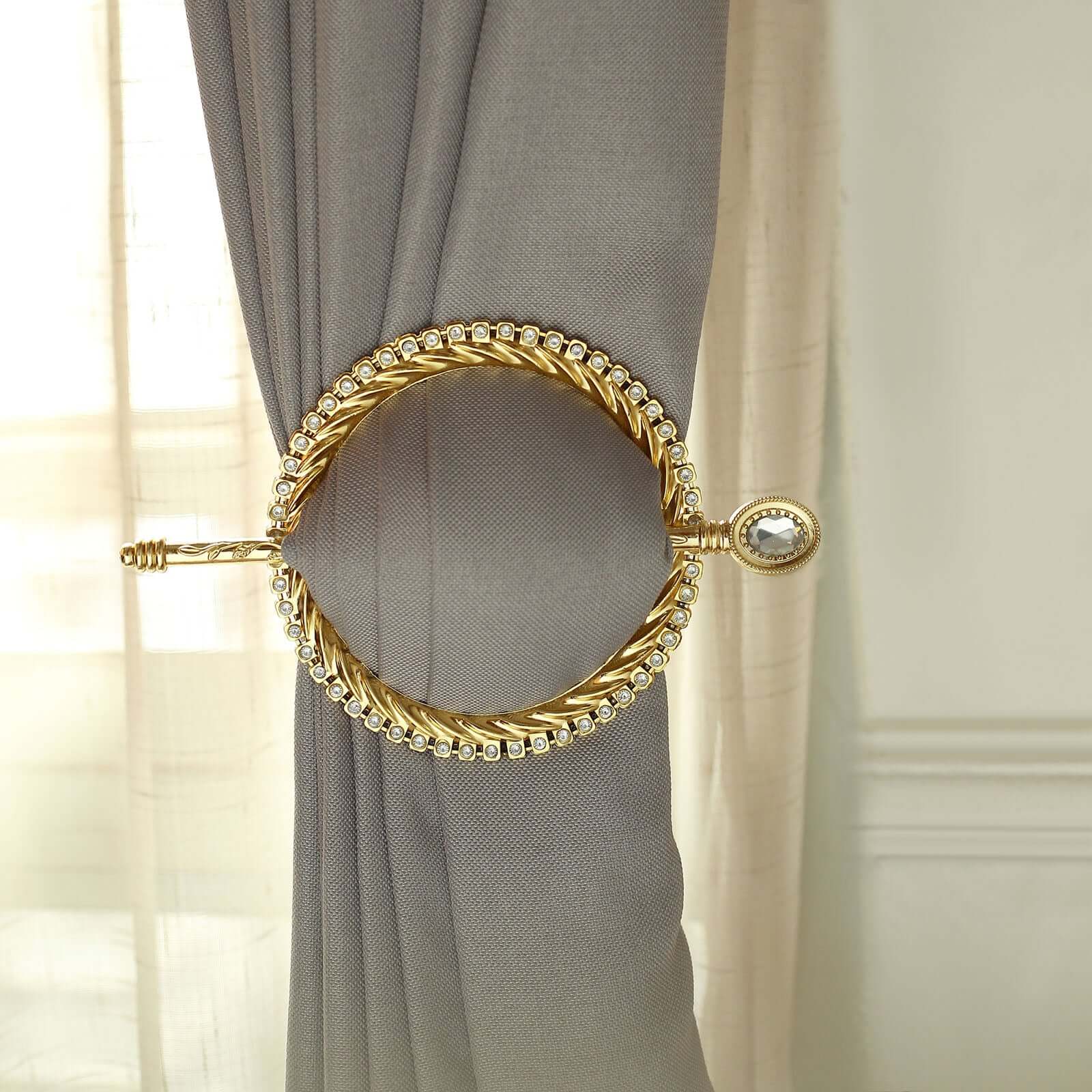 Set of 2 6 Gold Acrylic Braided Barrette Style Curtain Tie Backs With Crystal Diamond Studded Edge, Round Backdrop Drapery Brooch Holdbacks