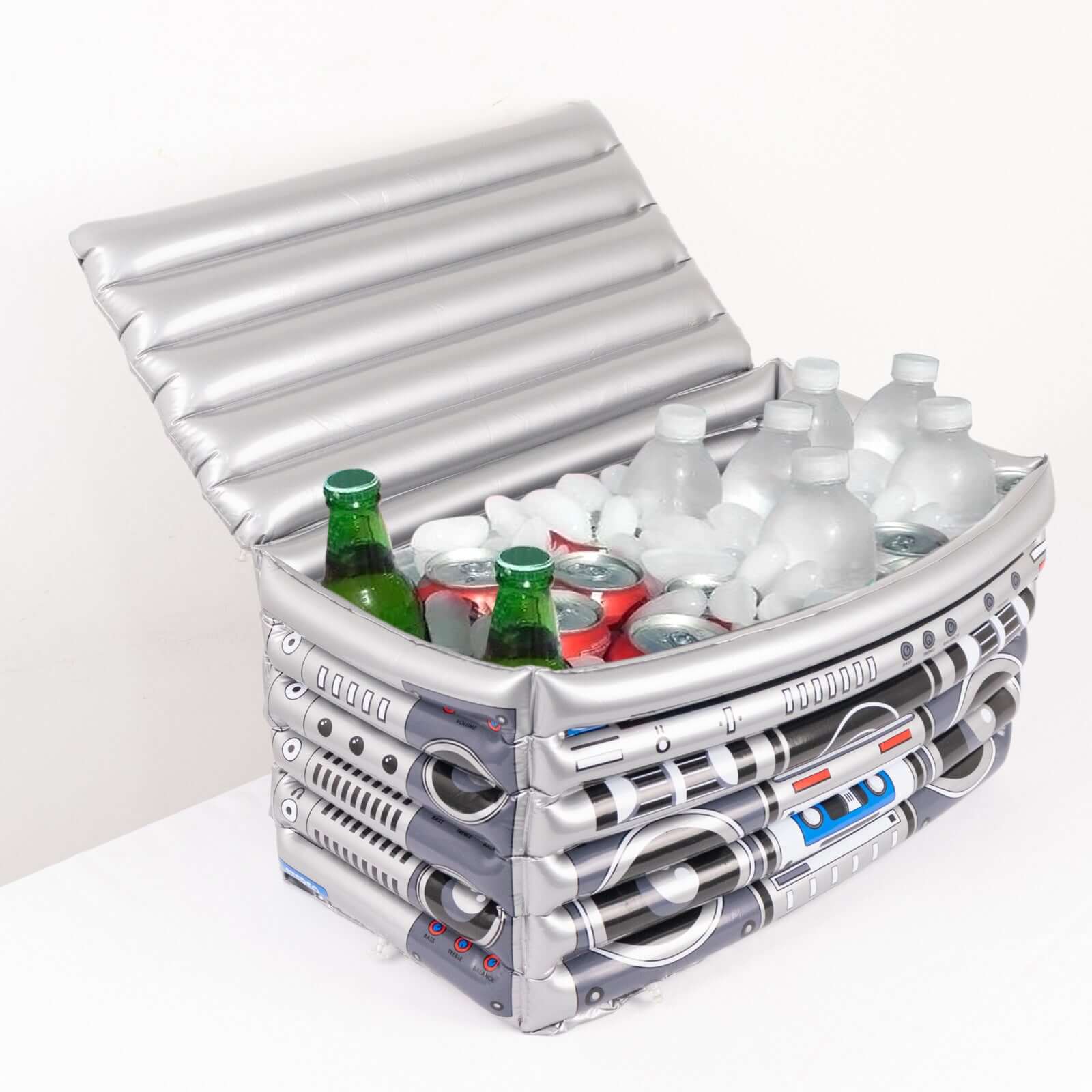 Silver Inflatable Ice Beverage Cooler with 80's Boom Box Design - Party Drink Container for Pool Events 24x12