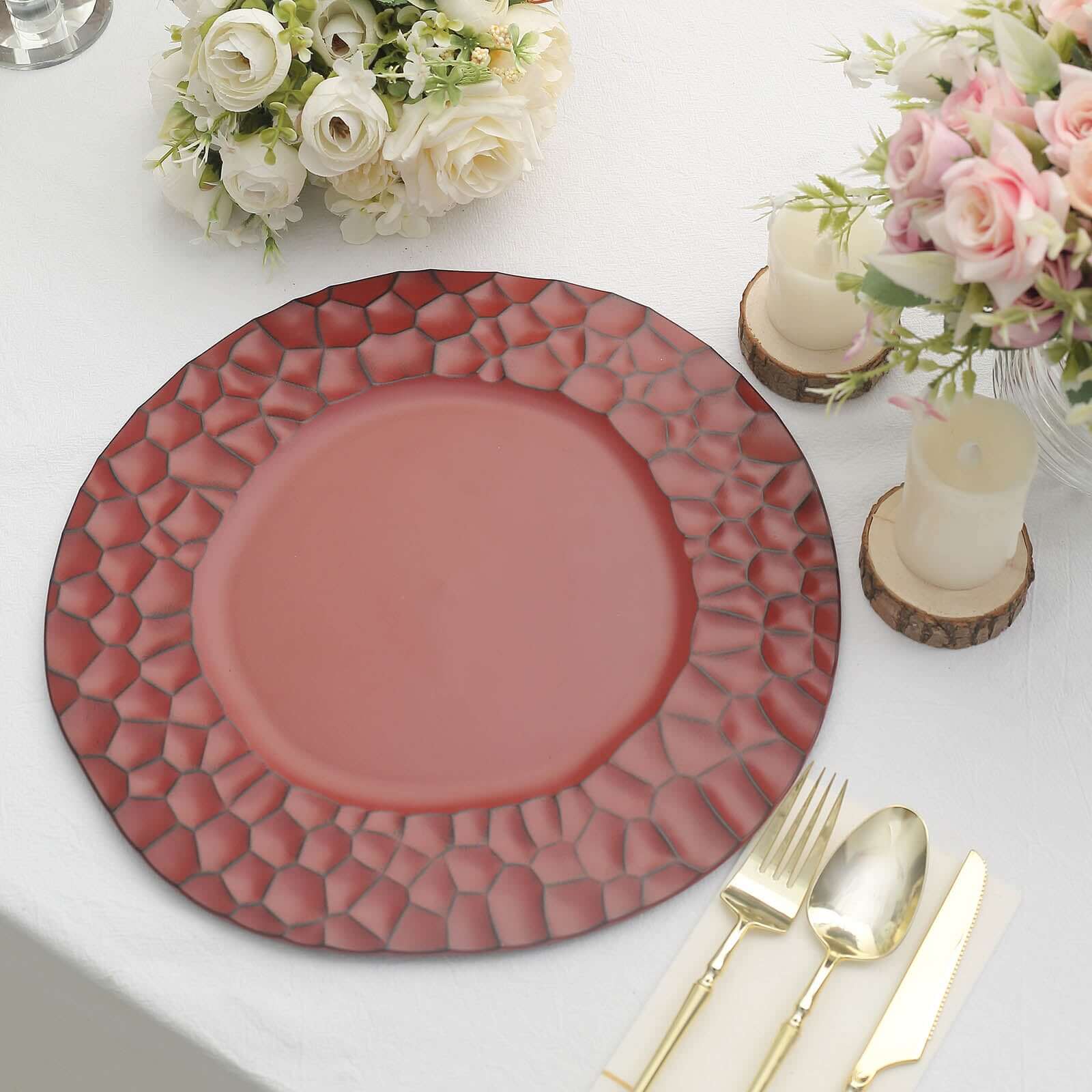 6-Pack Round Charger Plates 13 in Burgundy with Hammered Rim, Matte Finish Modern Dinner Charger Tableware