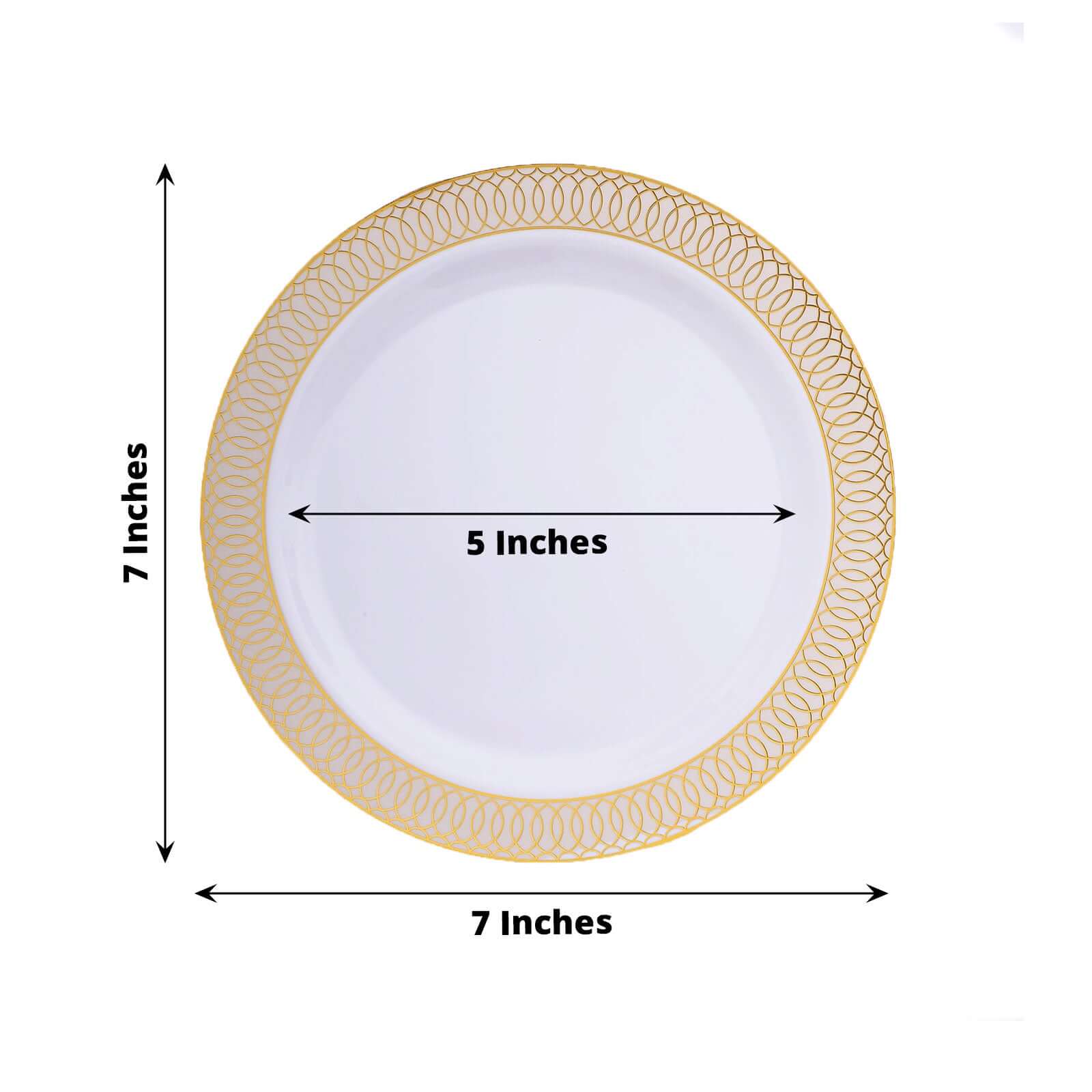 10-Pack Plastic Round Dessert Plates 7 White with Beige Gold Spiral Rim - Disposable Salad Plates