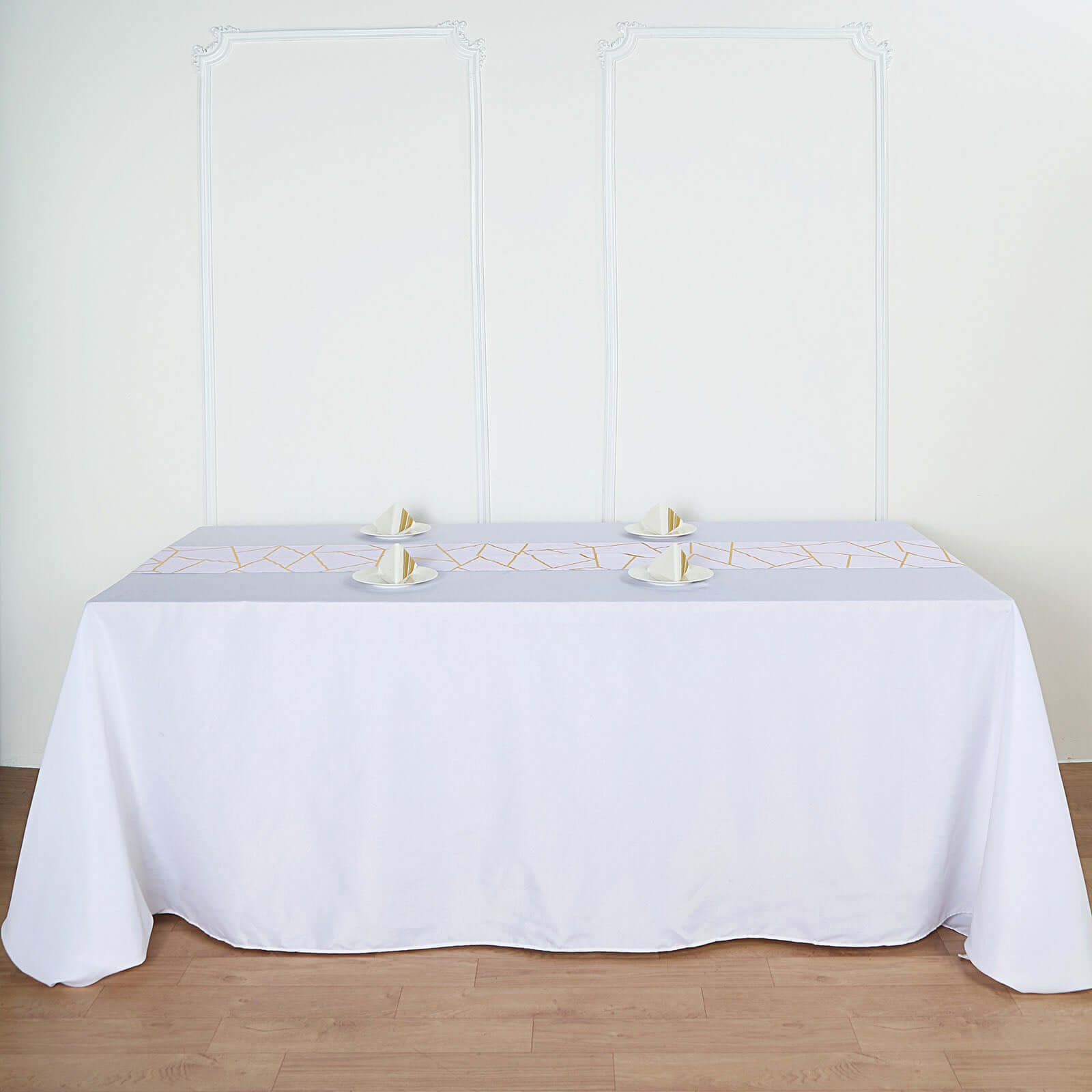 Polyester 9ft Table Runner White with Gold Foil Geometric Pattern - Modern & Stylish Table Decor