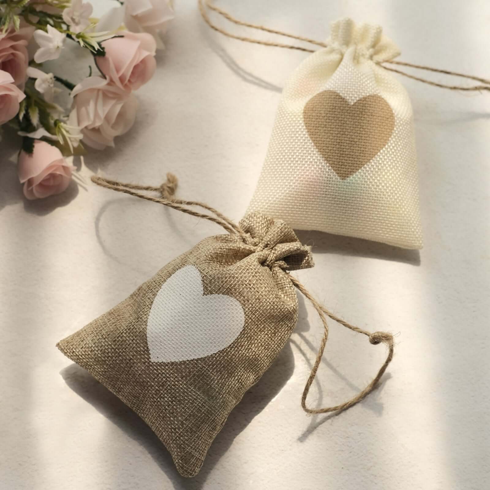 20 Pack 4x5 Natural Ivory Heart Design Jute Burlap Gift Bags With Drawstring, Rustic Wedding Party Favor Bags