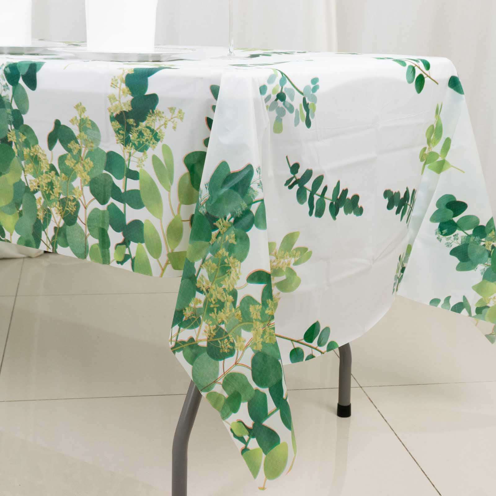 5-Pack Plastic Table Covers White/Green Rectangle with Eucalyptus Leaves Print - Decorative PVC Disposable Tablecloths 54x108