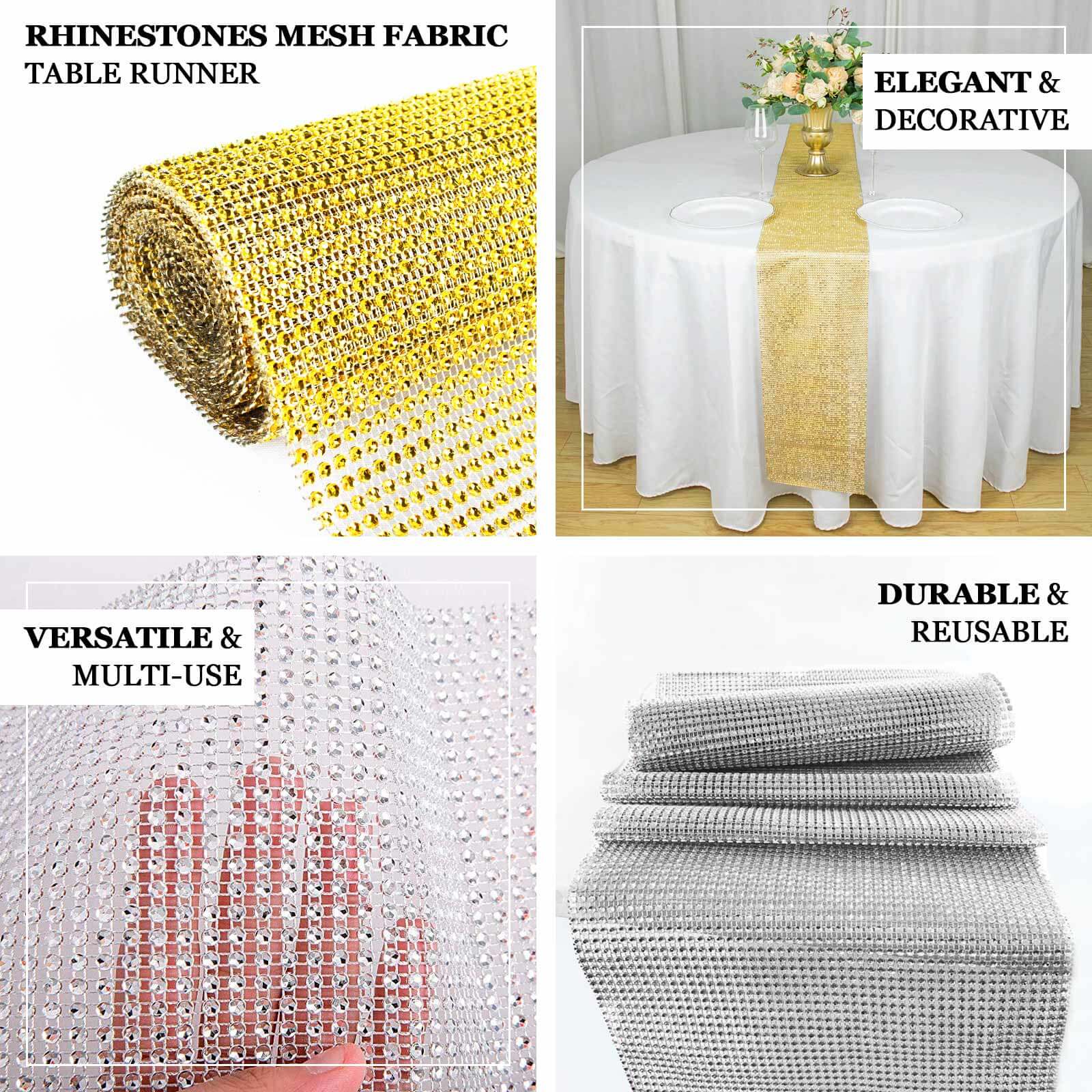 Crystal Rhinestone 10x108 Table Runner Gold - Luxe Shiny Diamond Mesh Bling Table Runner Roll