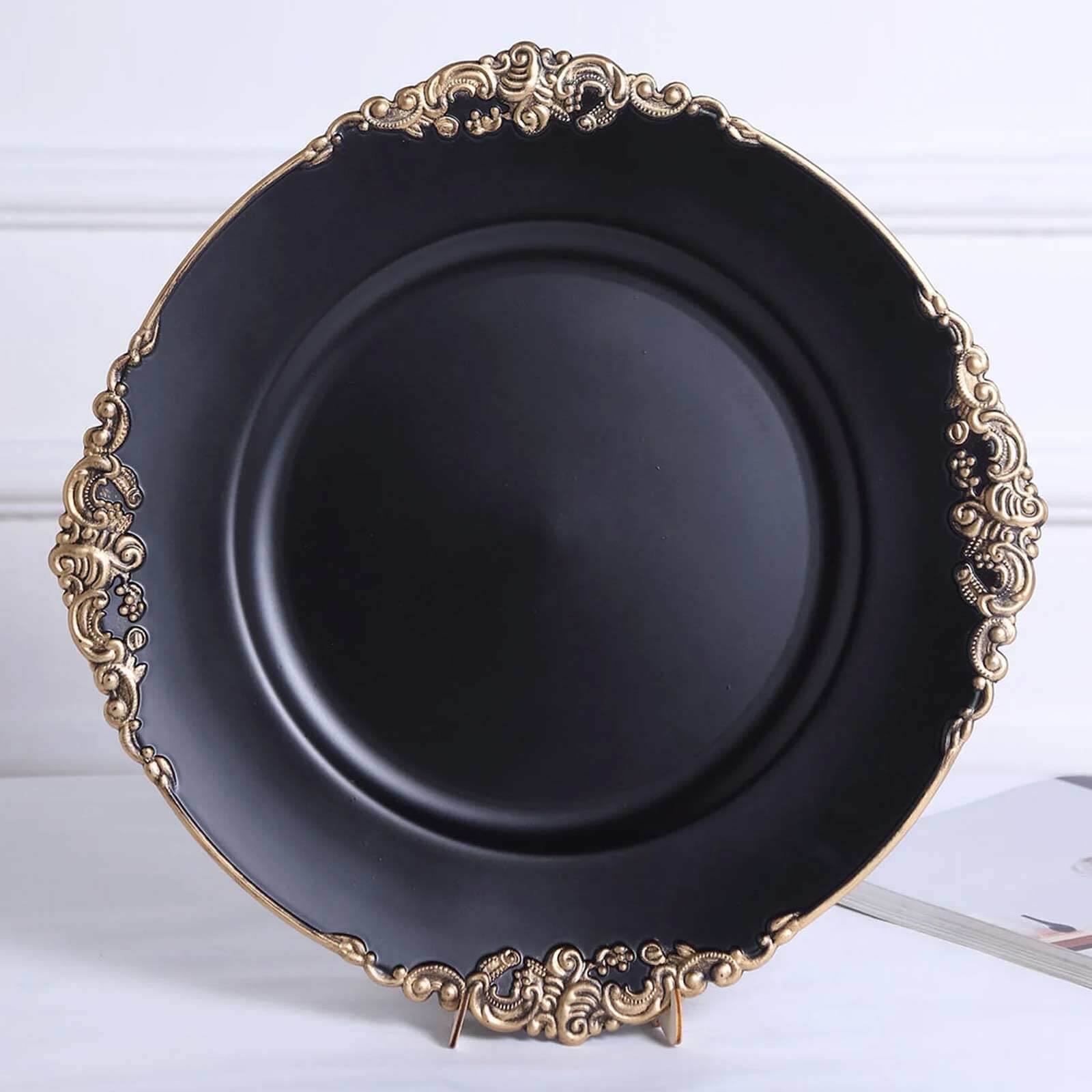 6-Pack Acrylic Round Charger Plates 13 in Matte Black with Gold Embossed Baroque Rim, Antique Decorative Dinner Party Charger Tableware