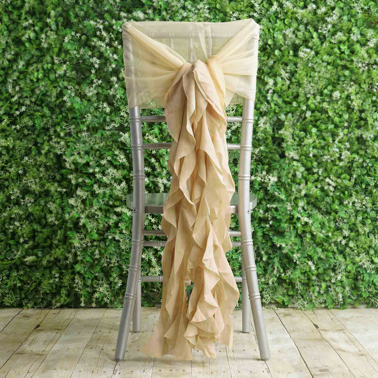 1 Set Chiffon Hoods Chair Sashes with Willow Ruffles Design Champagne - Stylish Chair Bow Decor