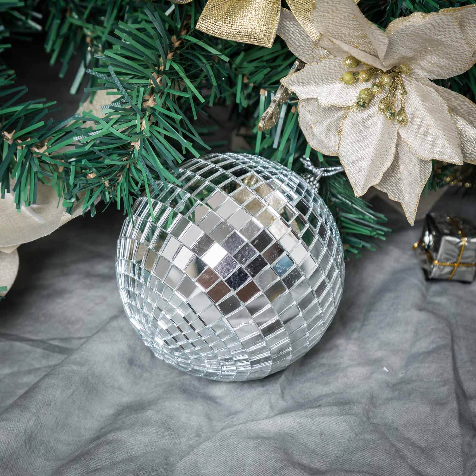 4 Pack 4 Silver Foam Disco Mirror Ball With Hanging Strings, Holiday Christmas Ornaments