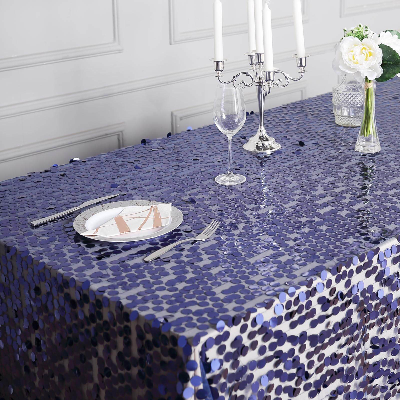 Sequin 90x132 Rectangle Tablecloth Navy Blue - Seamless Big Payette Table Cover