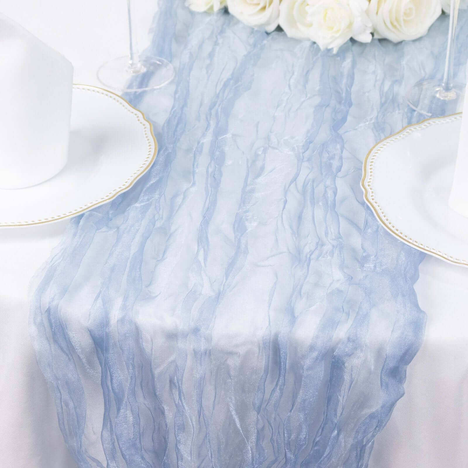 Sheer Crinkled Organza 9ft Table Runner Dusty Blue - Rustic Chiffon Look