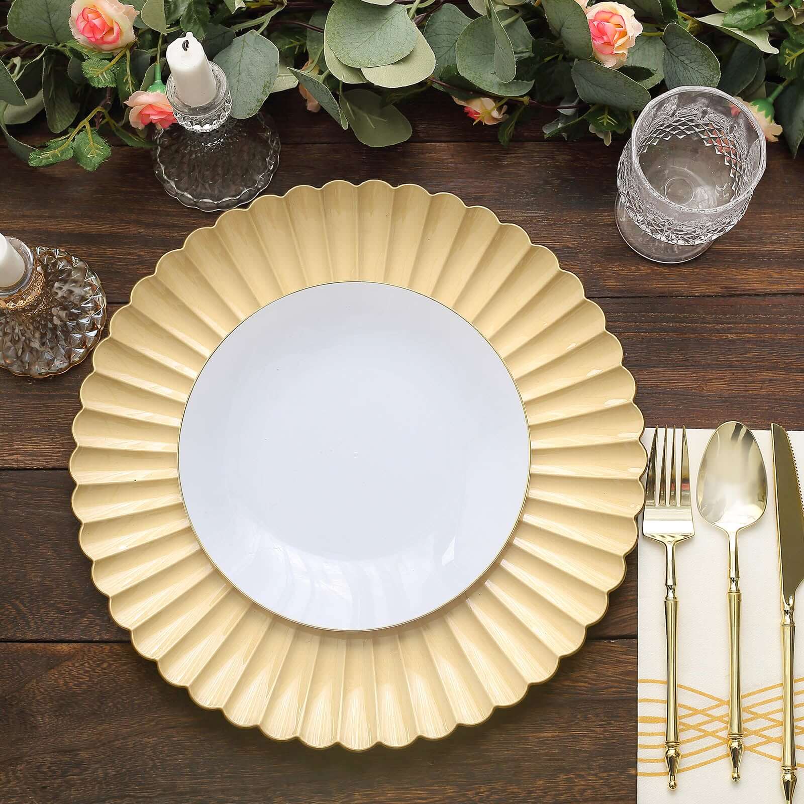 6-Pack Plastic Round Charger Plates 13 in Gold with Scalloped Shell Pattern, Coastal Inspired Disposable Charger Tableware