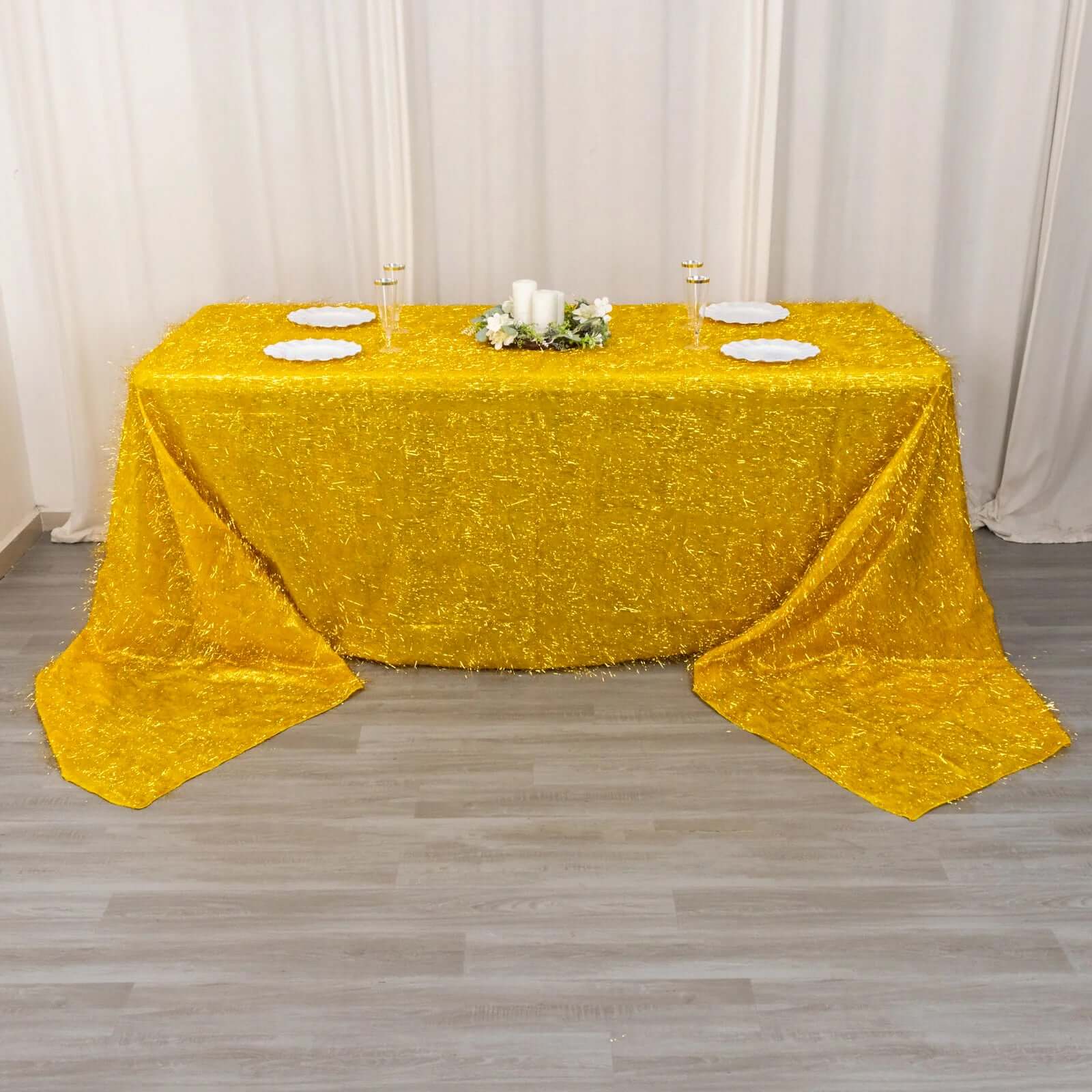 Polyester 90x156 Rectangle Tablecloth Gold Metallic Fringe Shag Tinsel Design Table Cover for Events Decor