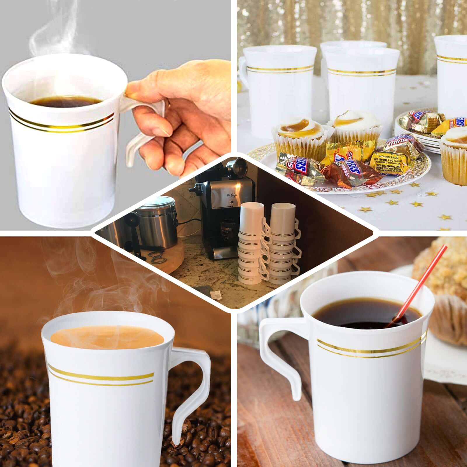 8-Pack Plastic Coffee Mugs Clear with Gold Stripes - Sturdy Disposable Cups for Coffee and Tea 8oz 3.5