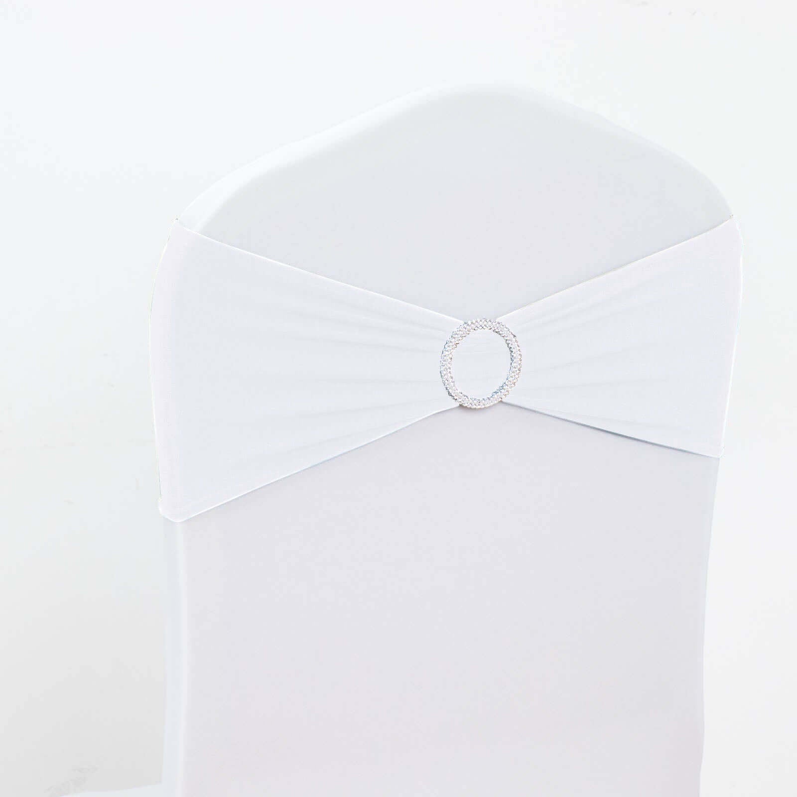 5 Pack Stretch Spandex Chair Sashes White - Classy Reusable Chair Bands with Silver Diamond Ring Slide Buckle 5x14