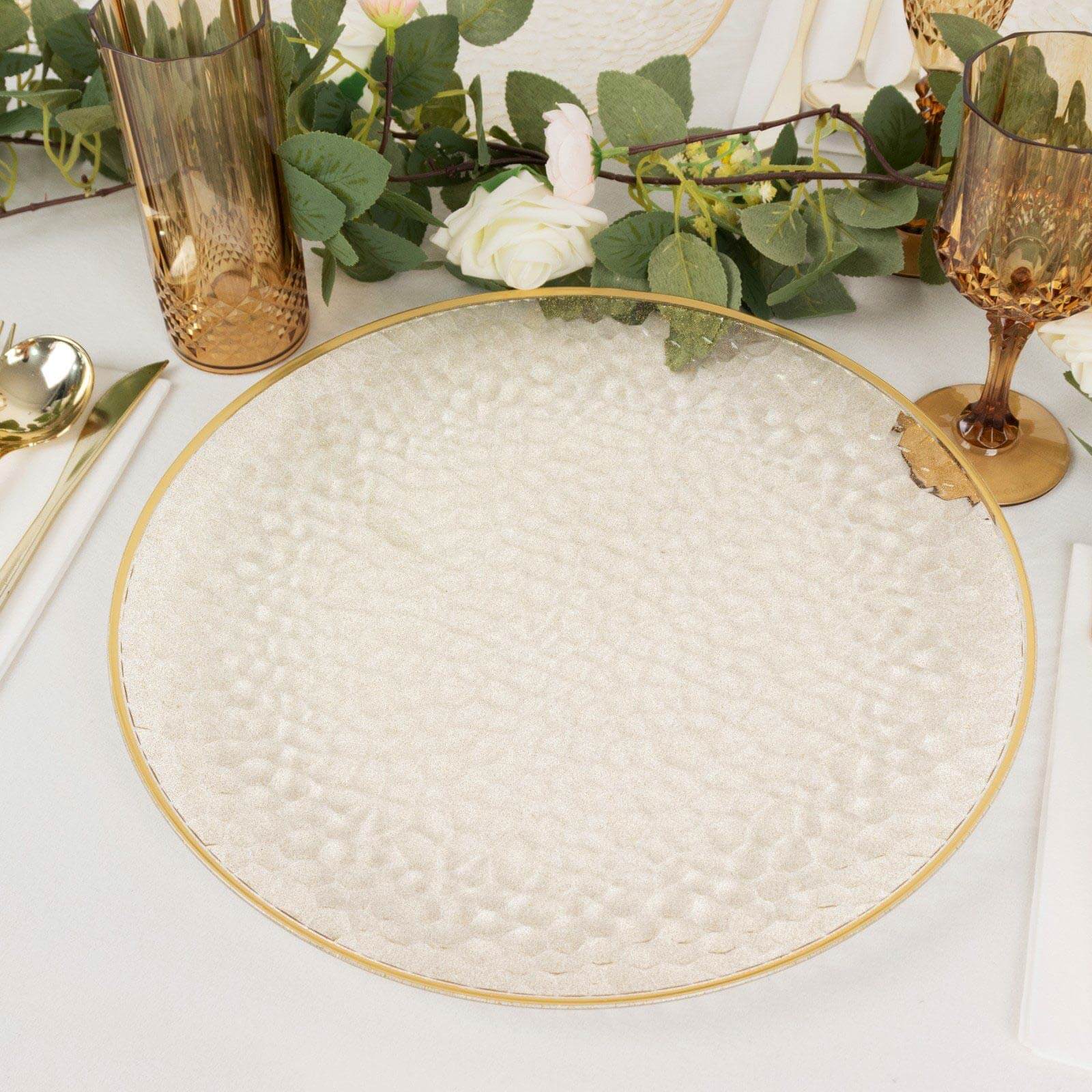 10-Pack Economy Plastic Round Charger Plates 13 in Clear Hammered Design with Glittered Gold Rim - Decorative Dinner Party Serving Plates