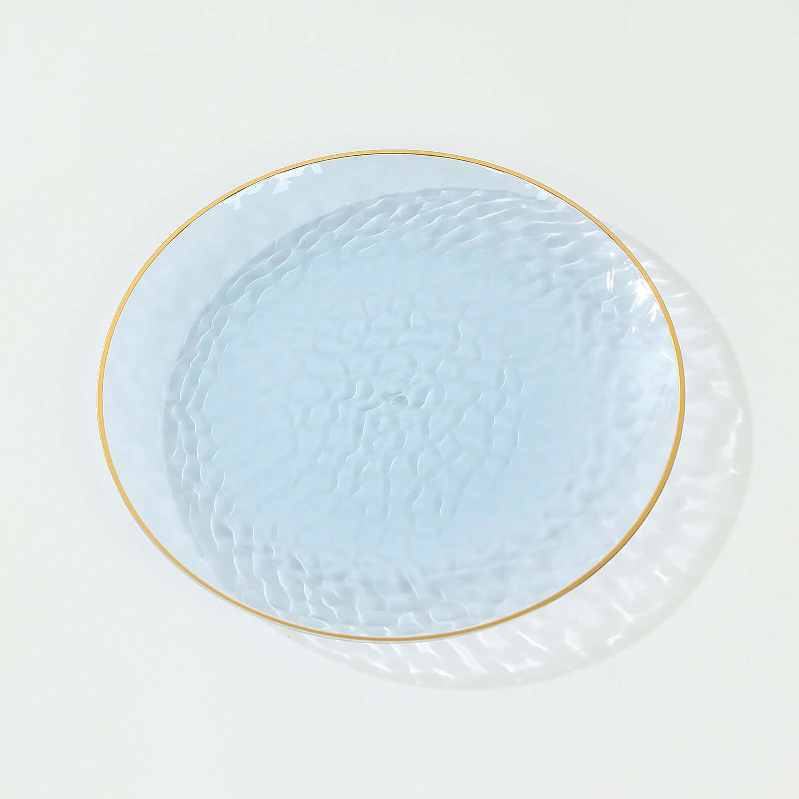 10-Pack Plastic 9 Round Dinner Plates in Transparent Dusty Blue Hammered Design with Gold Rim - Modern Disposable Party Plates