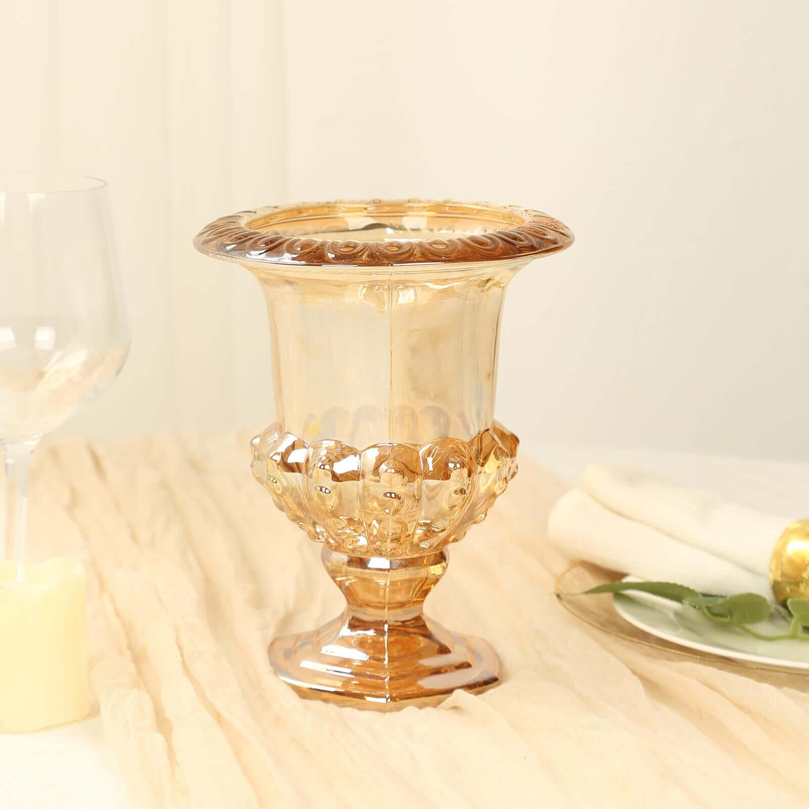 2-Pack Glass Mini Pedestal Flower Vases in Classic Roman Urn Style Amber Gold - Sophisticated Wedding Table Centerpieces 8