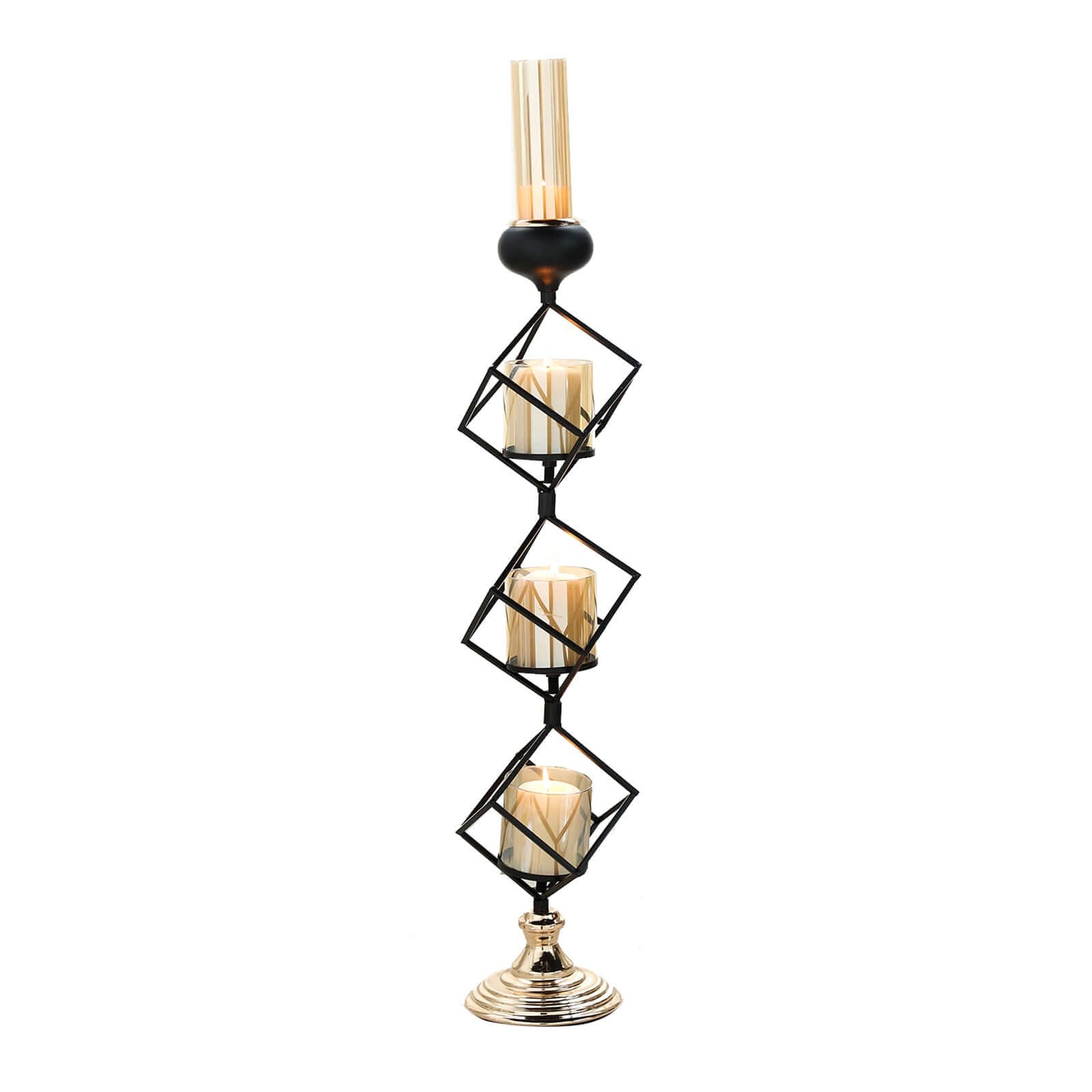 3-Tier Candle Holder Black Geometric Design with Amber Glass Votives & Gold Trim - Modern Decor for Weddings 28 Tall