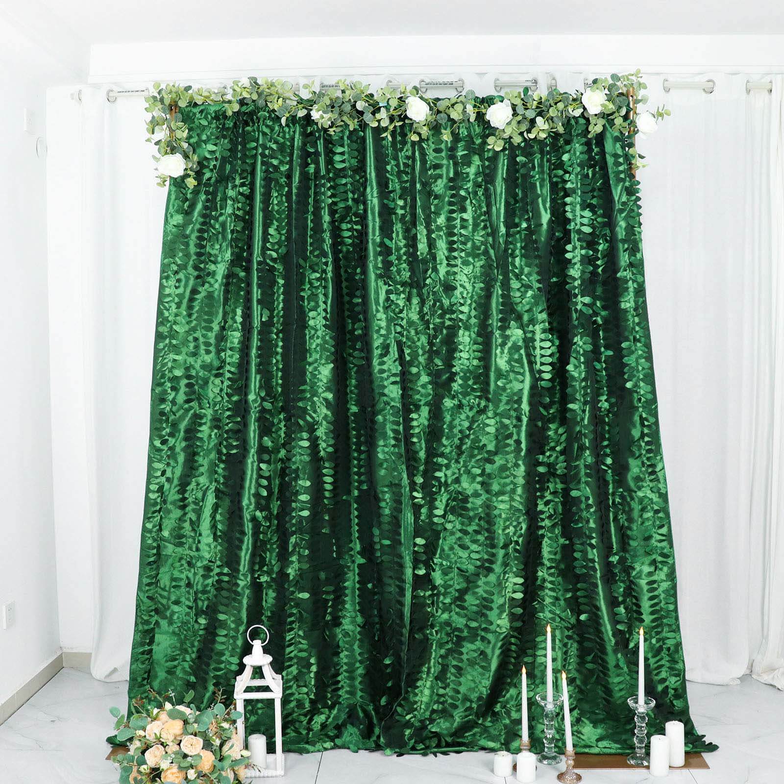 8ftx8ft Green 3D Leaf Petal Taffeta Event Curtain Drapes, Backdrop Event Panel With Rod Pocket