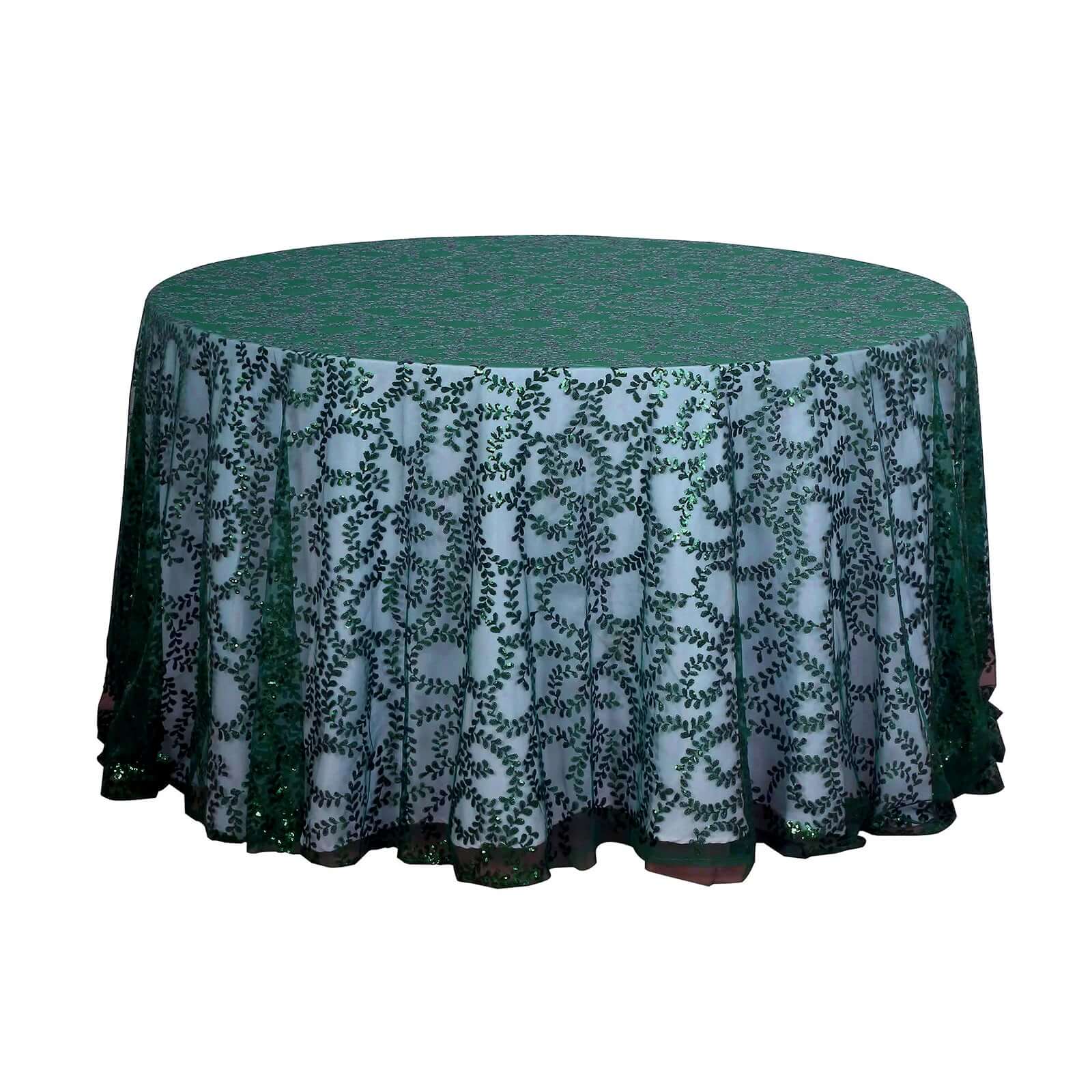 Tulle 120 Round Tablecloth Hunter Emerald Green - Seamless Sequin Leaf Embroidered Table Cover