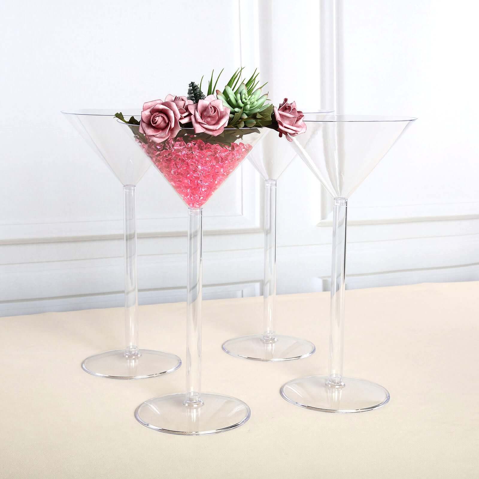 4-Pack Plastic Flower Vases Martini Glass Design Clear - Fillable Long Stem Event Centerpieces 18