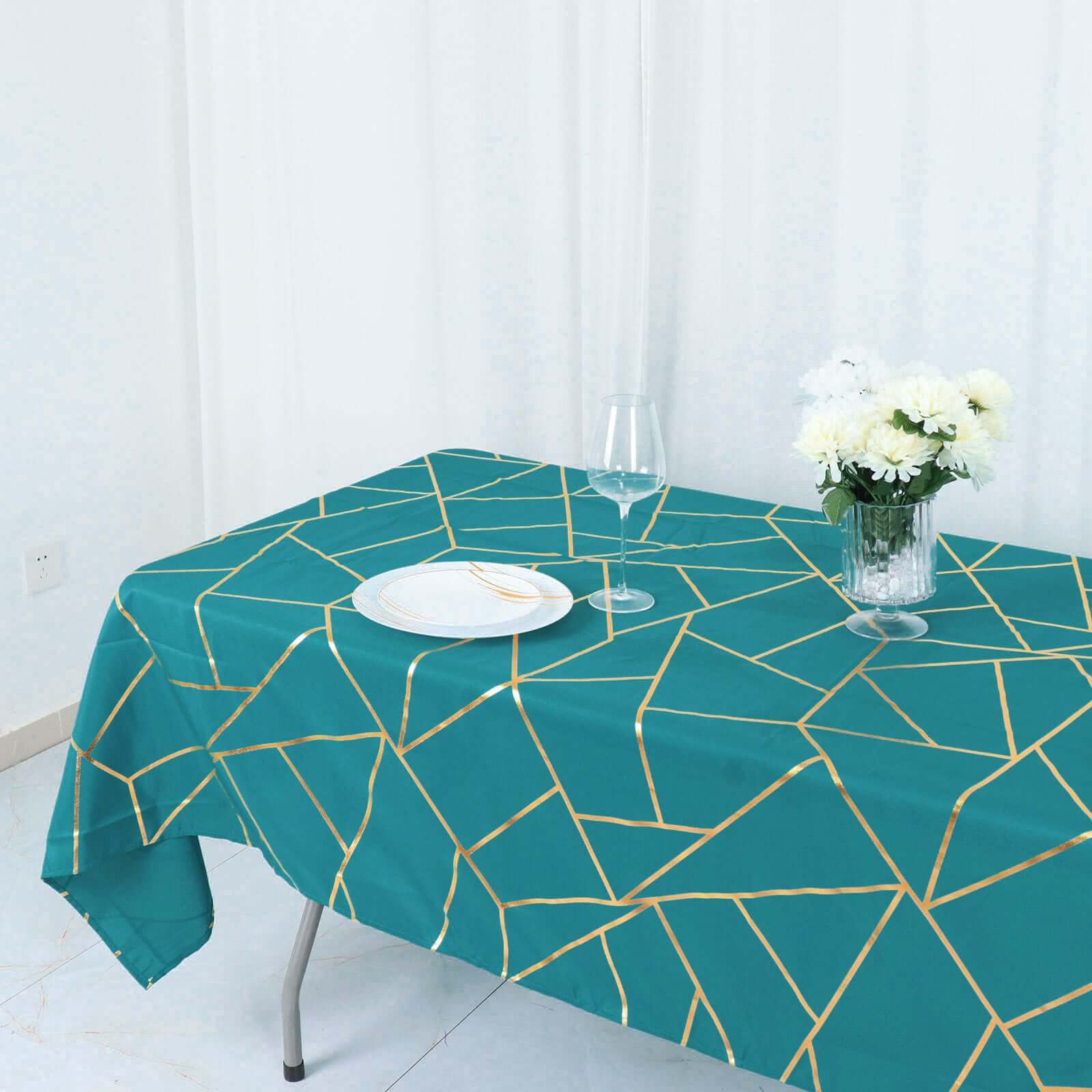 Polyester 60x102 Rectangle Tablecloth Teal with Gold Foil Geometric Pattern - Wrinkle-Resistant & Durable Table Cover