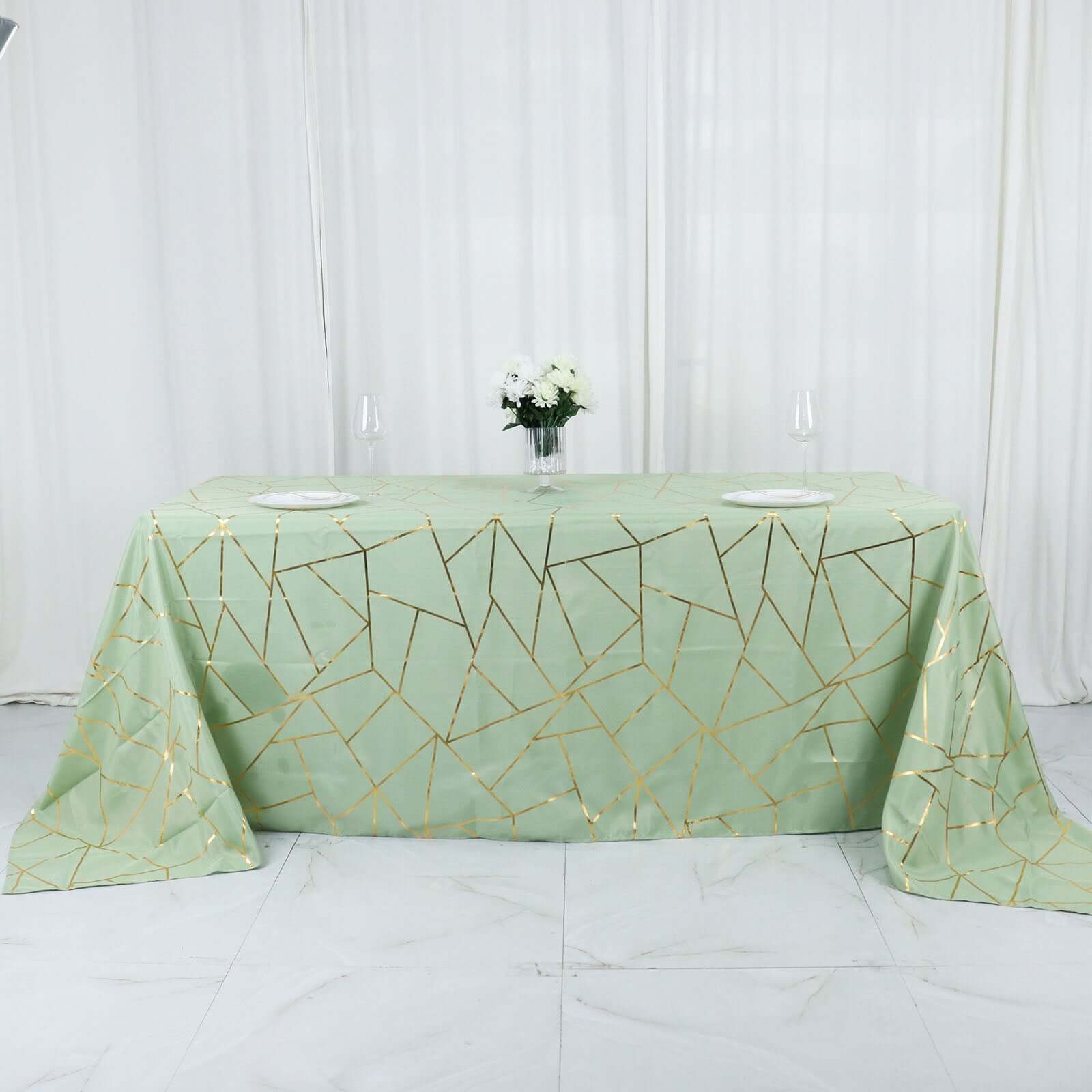 Polyester 90x132 Rectangle Tablecloth Sage Green with Gold Foil Geometric Pattern - Wrinkle-Resistant Seamless Table Cover