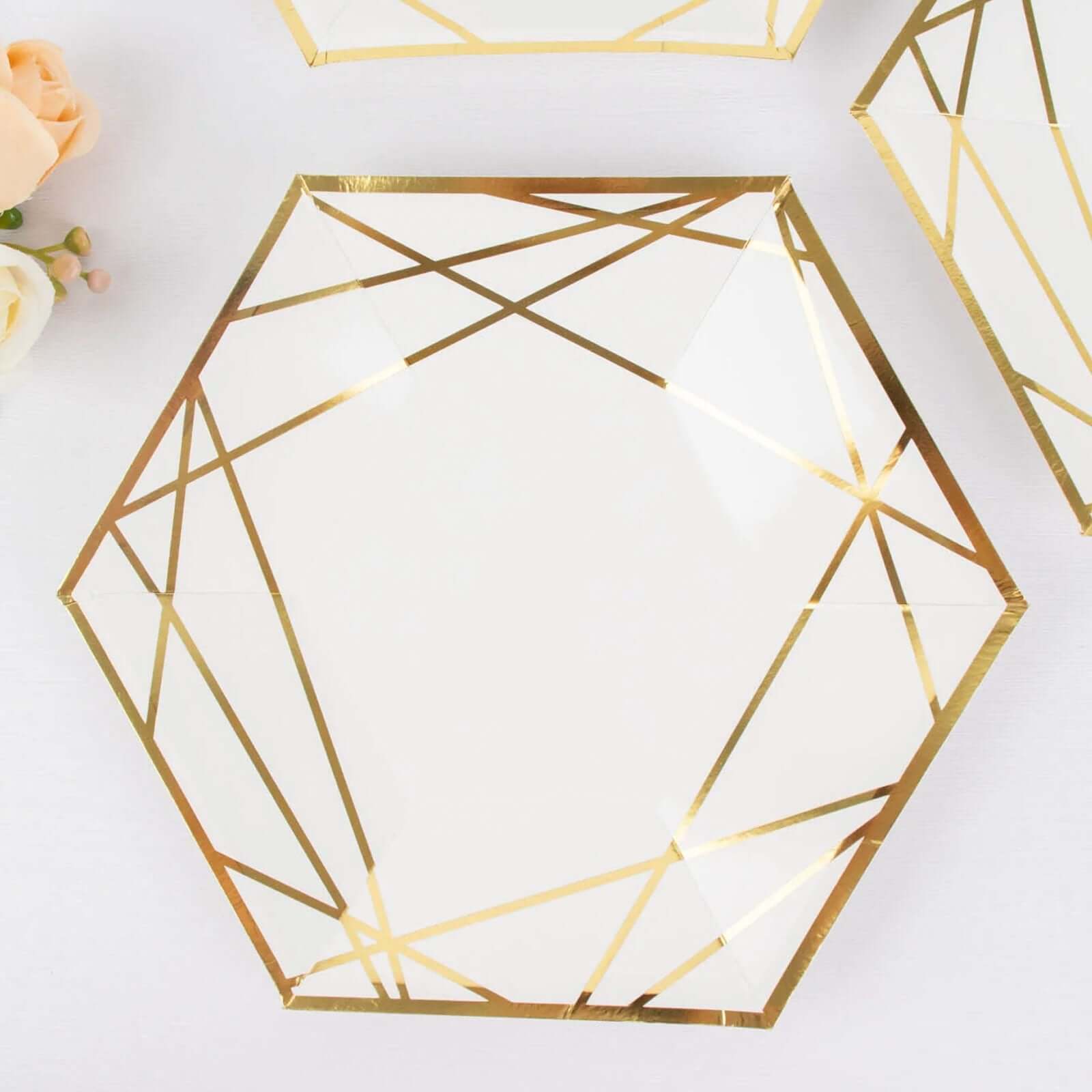 25-Pack Paper 7 Hexagon Dessert Plates in White with Gold Geometric Lines & Rim - Stylish Disposable Geometric 300GSM Appetizer Salad Plates for Events & Banquets