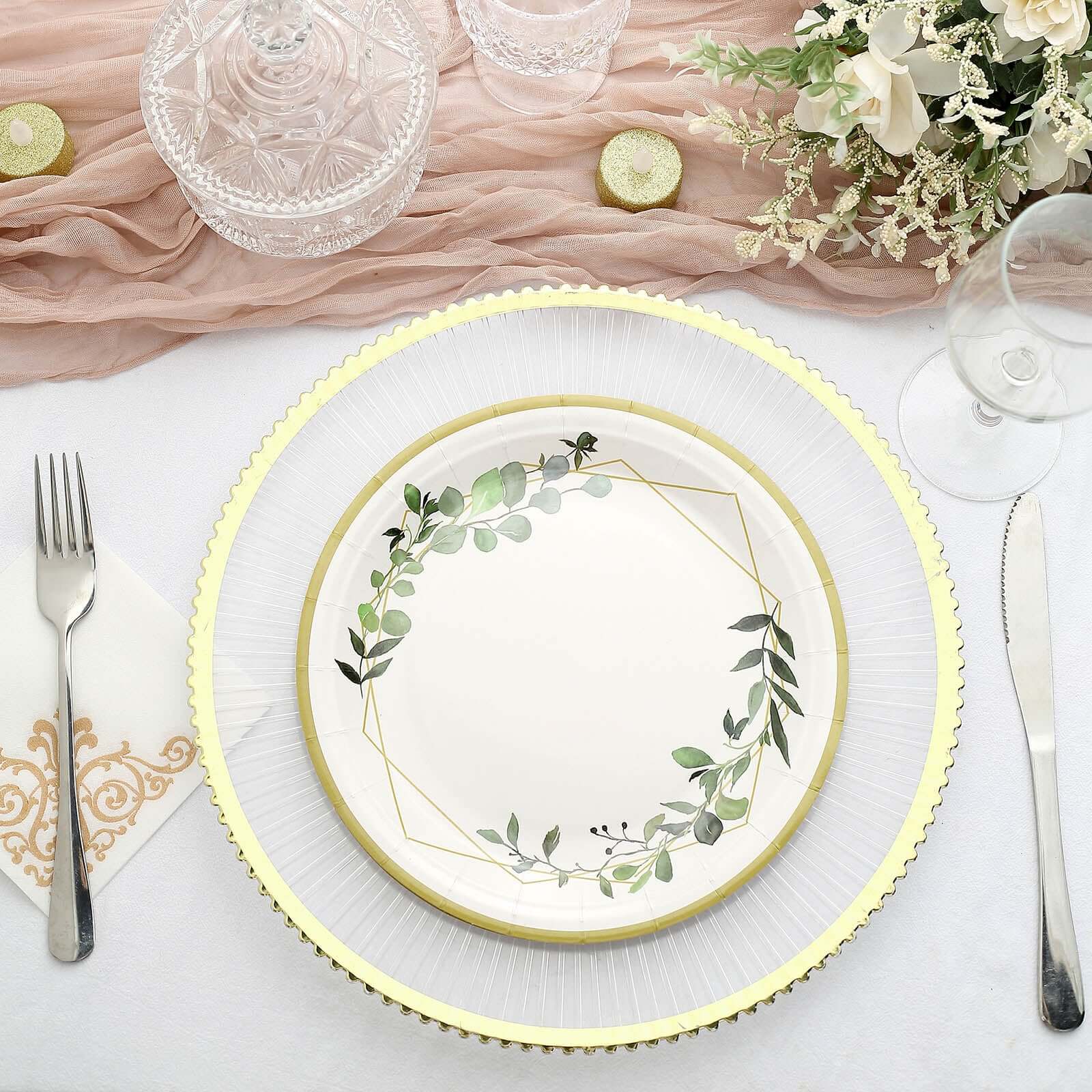 24-Pack Paper 9 Round Dinner Plates in White with Eucalyptus Leaves & Gold Rim - Disposable 300GSM Party Plates for Modern & Nature-Inspired Events