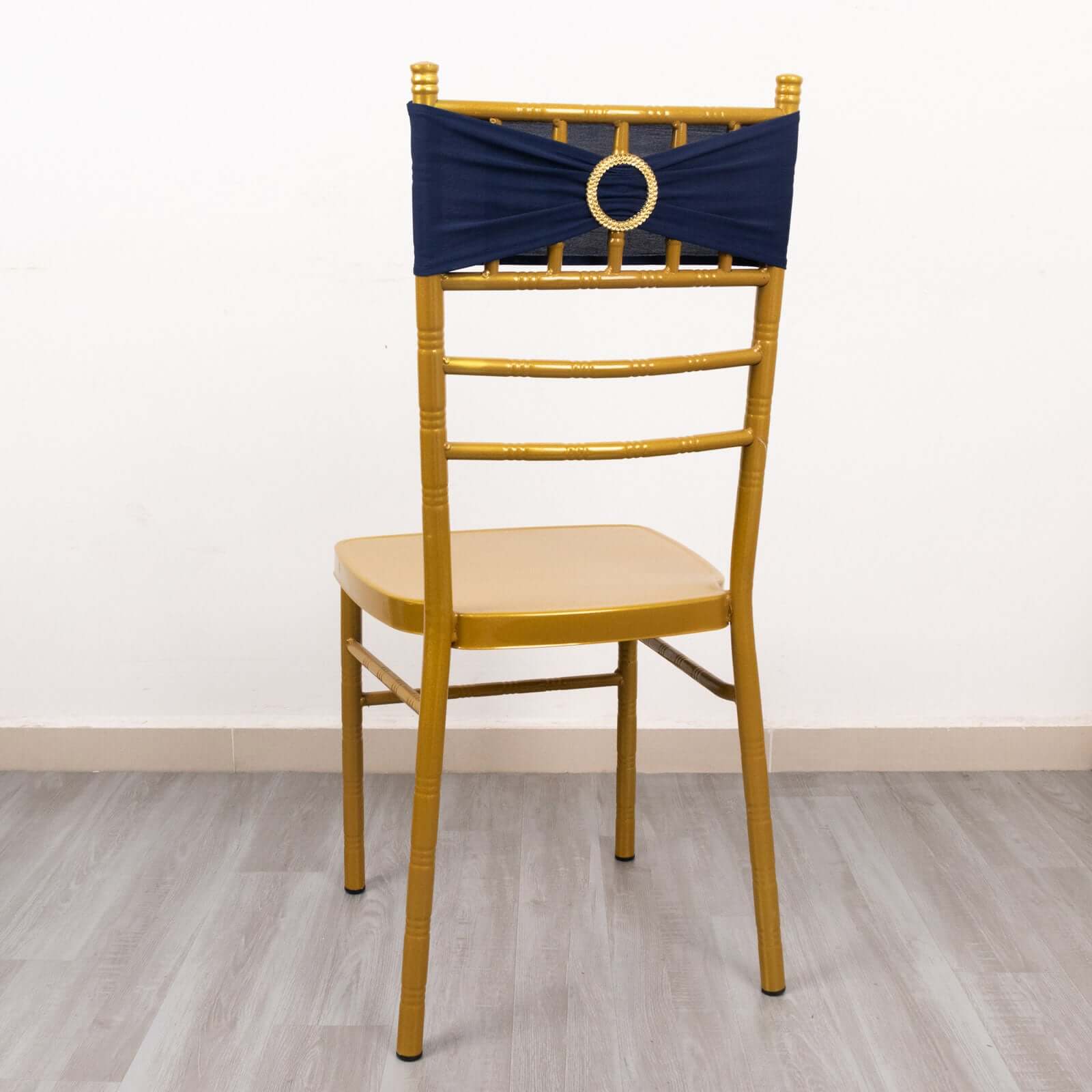 5 Pack Spandex Chair Sashes Navy Blue with Gold Rhinestone Buckles - Reusable Four-Way Stretch Sash Bands 5x14