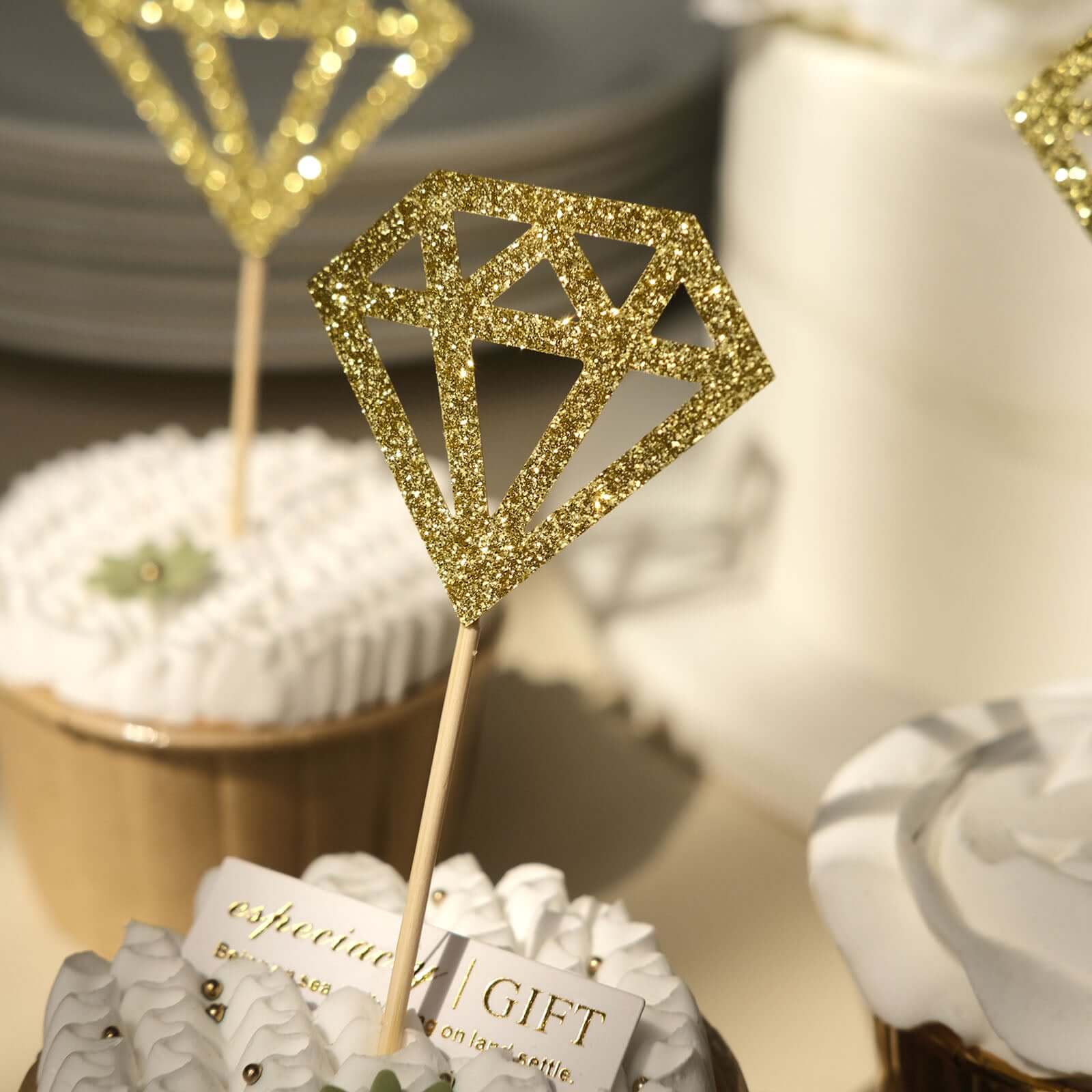 24-Pack Cupcake Toppers Diamond Ring Design Glitter Gold - Party Cake Picks Engagement Decoration Supplies