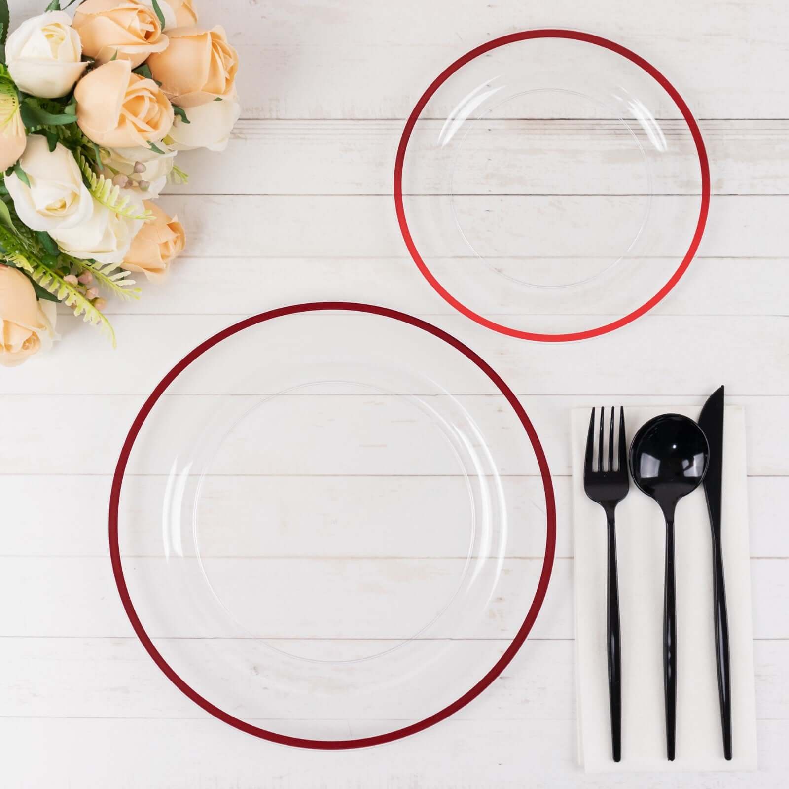 10-Pack Plastic 10 Round Dinner Plates in Clear with Red Rim - Disposable Party Plates for Classy Banquets & Special Occasions