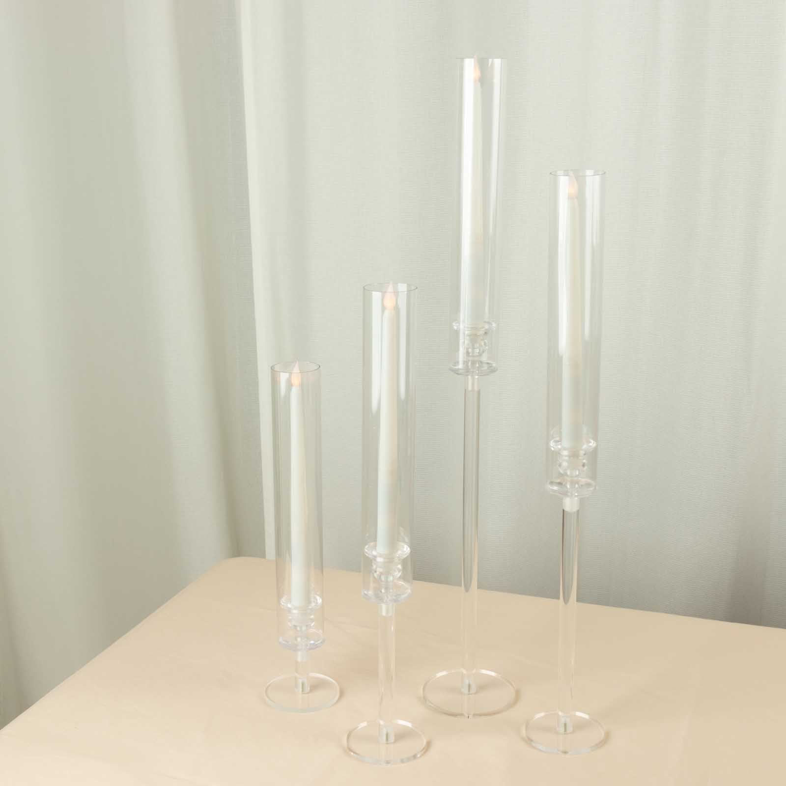 Set of 4 Acrylic Taper Candlestick Holders, Clear Tall Chimney Tube Candle Shades Hurricane Candle Stands 14, 18, 22, 26